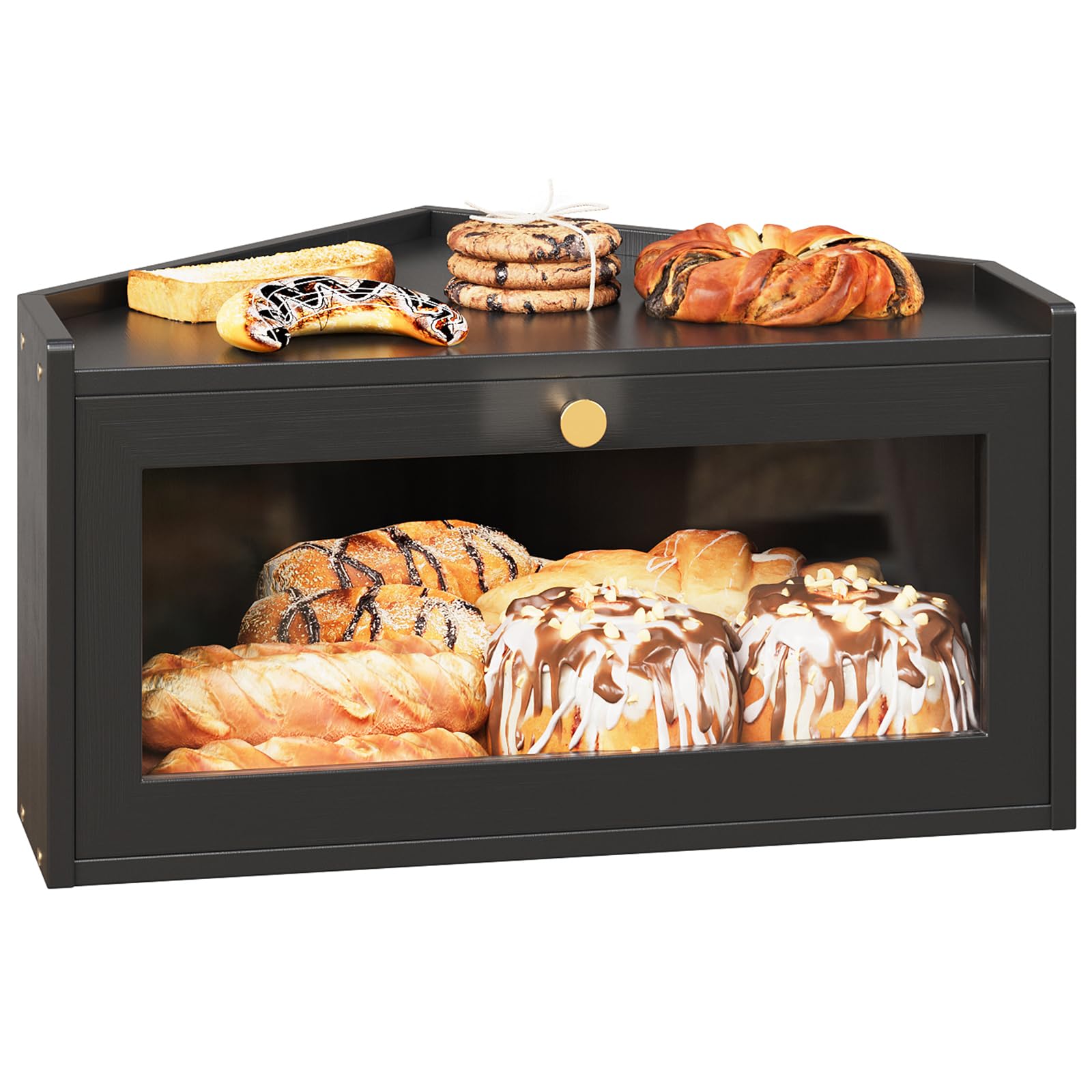 VEDECASA Panera de esquina de bambú para la cocina, panera grande con puerta acrílica, ahorro de espacio, almacenamiento de pan de estilo vintage para pan casero, color negro, 40 x 29 x 20 cm