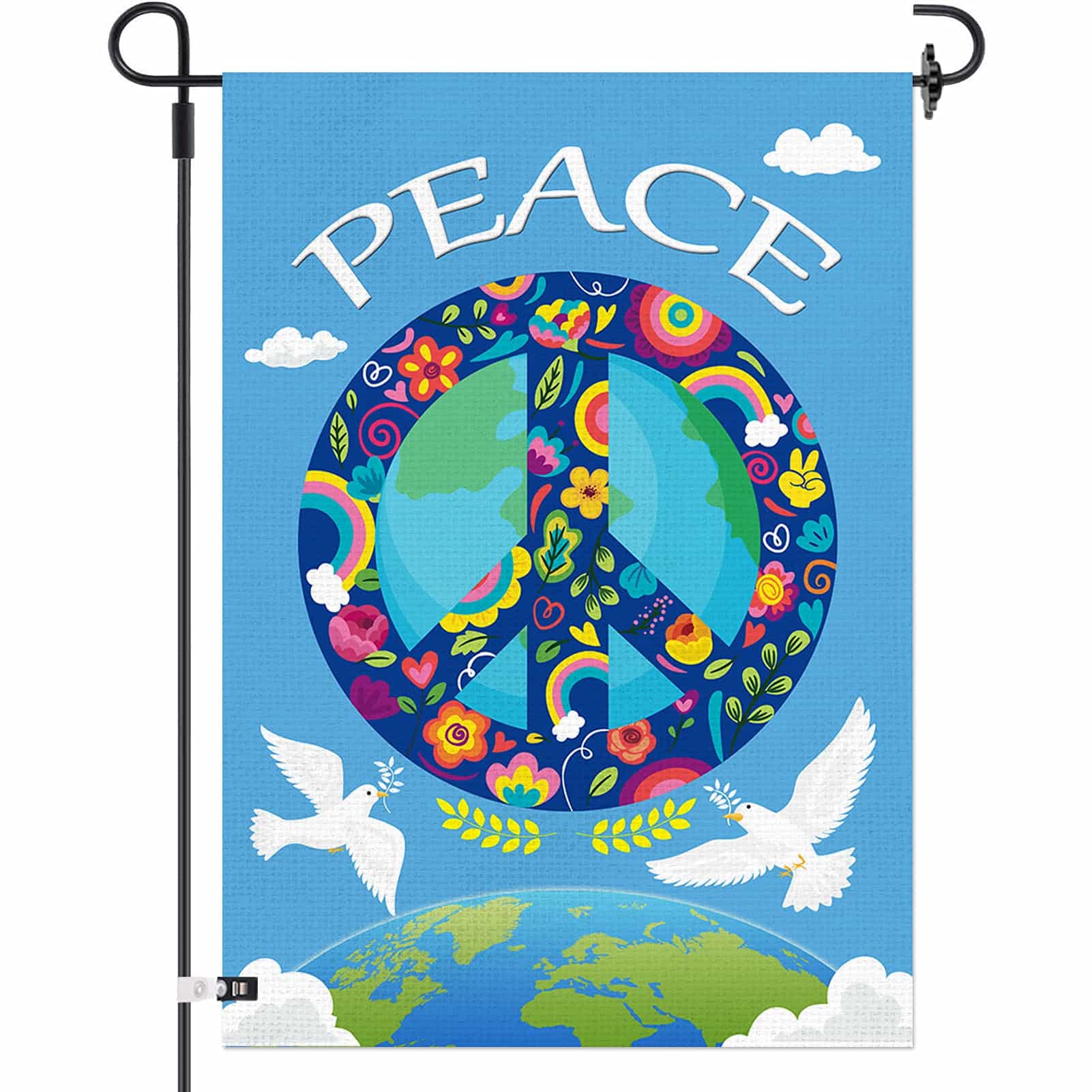 Peace Garden Flag, Burlap Double Sided Olive Branch Flag 12x18 Inch, World Peace Garden Flag for Outside, Inspirational White Dove Seasonal Yard Flag, Rainbow World Outdoor Flag Decoration