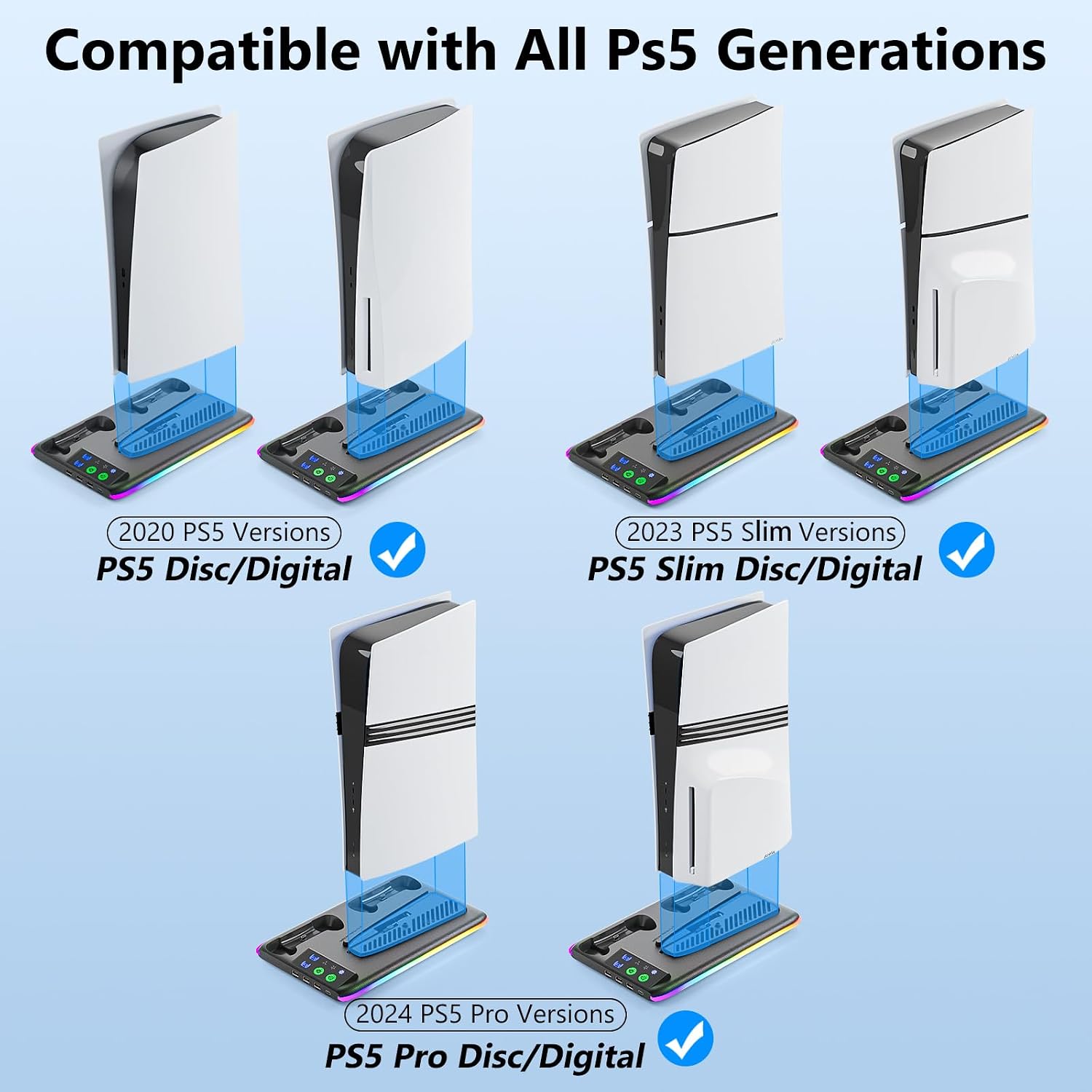BRHE PS5/Slim/Pro Cooling & Charging Station with Cooling Fan,PS5/Slim/Pro Stand for Disc & Digital Console,PS5 Controller Charger,PS5 Accessories with 3 Charging Ports,Headset Holder