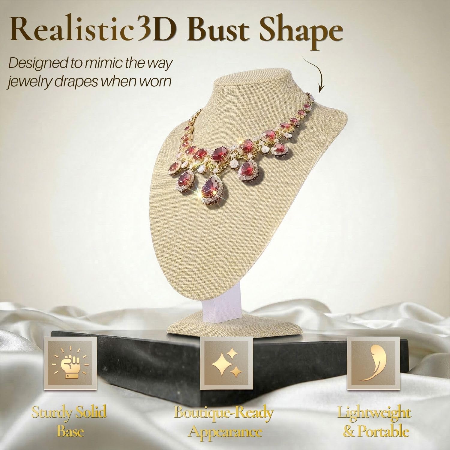 Flexzion Espositore per collana (2 pezzi) - 27,9 cm manichino 3D beige, lino, porta collane per casa, boutique e fiere, espositore gioielli per la vendita di collane,