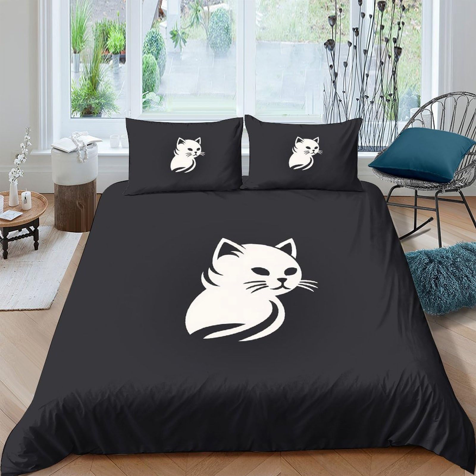 Ctjqhvkz Style-6 3D Printed Black Cat Fitted Sheet Microfiber Soft Breathable White Kitten Bed Cover For Bedroom Guestroom Mattress Decor Single（135X200cm）