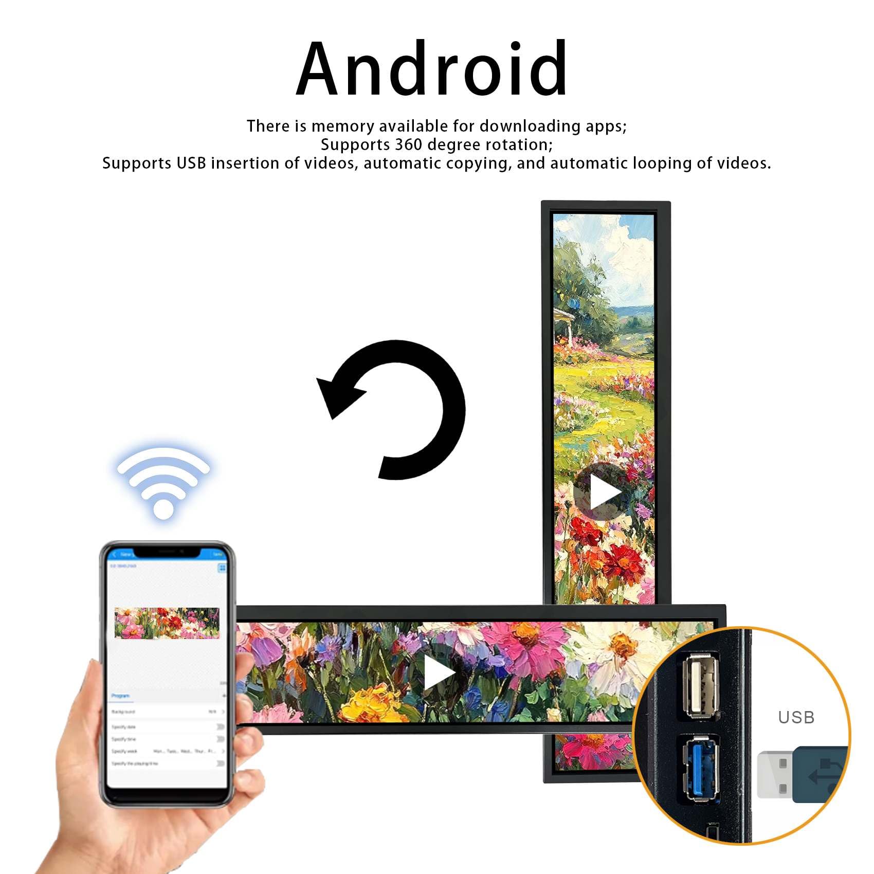 VSDISPLAY 24" 1920x360 rozciągnięty pasek LCD monitor dotykowy | 10 punktów Multi-Touch, obsługa autoodtwarzania, autokopiowania wideo,płyta Android 11