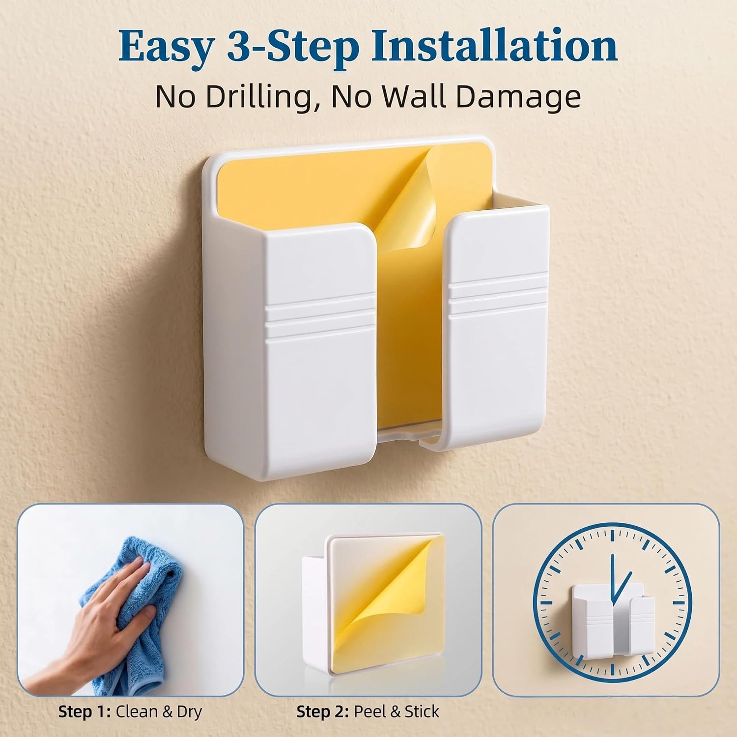 2 PCS Wall Phone Holder, Self Adhesive Wall Mount Phone Holder, RV Boat Camper Accessories Phones Stand, Fit for Bathroom Bedside Kitchen RV Remote Controls (White)