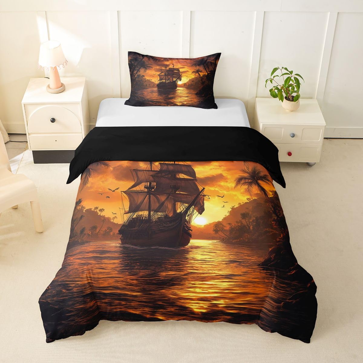 Homemissing Pirate Ship Duvet Cover Single Size Boys Girls Tropical Sailing Bedding Set Breathable Soft Vintage Galleon Comforter Cover 2Pcs Nautical Theme Bedroom Decor