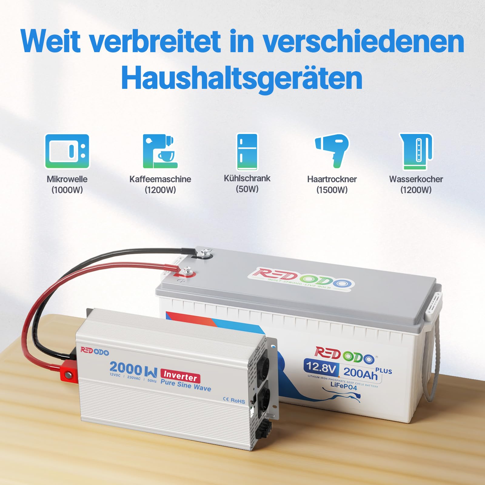 Redodo Reiner Sinus-Wechselrichter 2000W 2V DC zu 230V AC Konverter für Womo, Camping, Solarstrom-Wechselrichter mit 2*AC Ausgängen, Überwachungsbildschirm mit Echtzeit-Statusanzeige