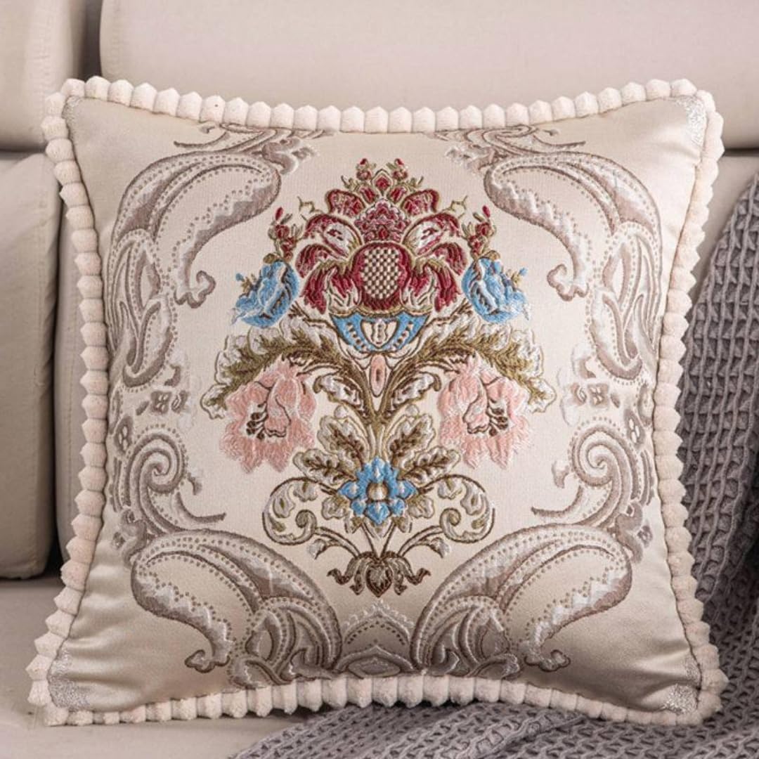 2Pcs Pillow Covers Decorative European Jacquard Vintage Embroidery Stereo Sofa for Home Decor, Sofa Living Room, Couch, Bed.18x18 or 20x20 inches. (CREAMBEIGE Blue pack2)