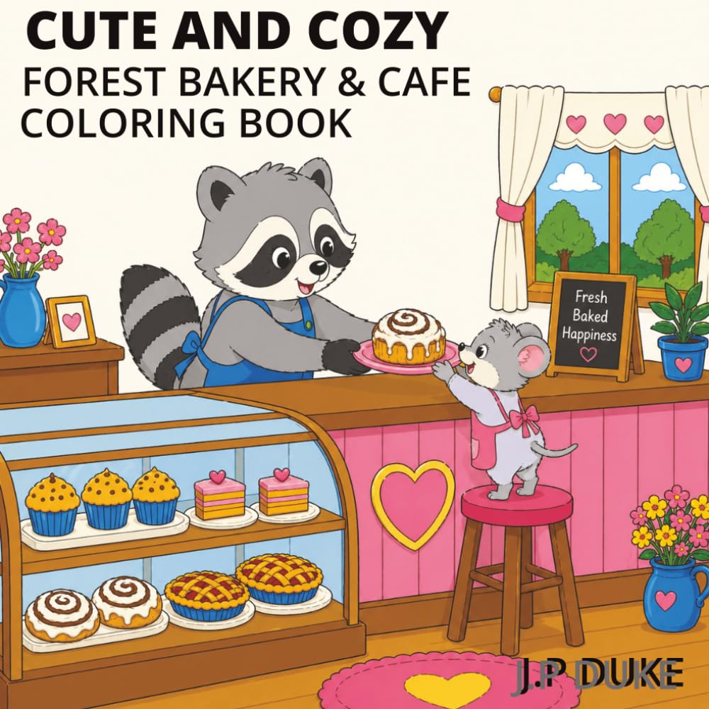 Cute and Cozy Forest Bakery & Cafe: Coloring Book for Adults and Teens Featuring Adorable Woodland Animals, Sweet Bakery Treats, Relaxing Cozy Café ... Designs for Stress Relief and Creative Fun
