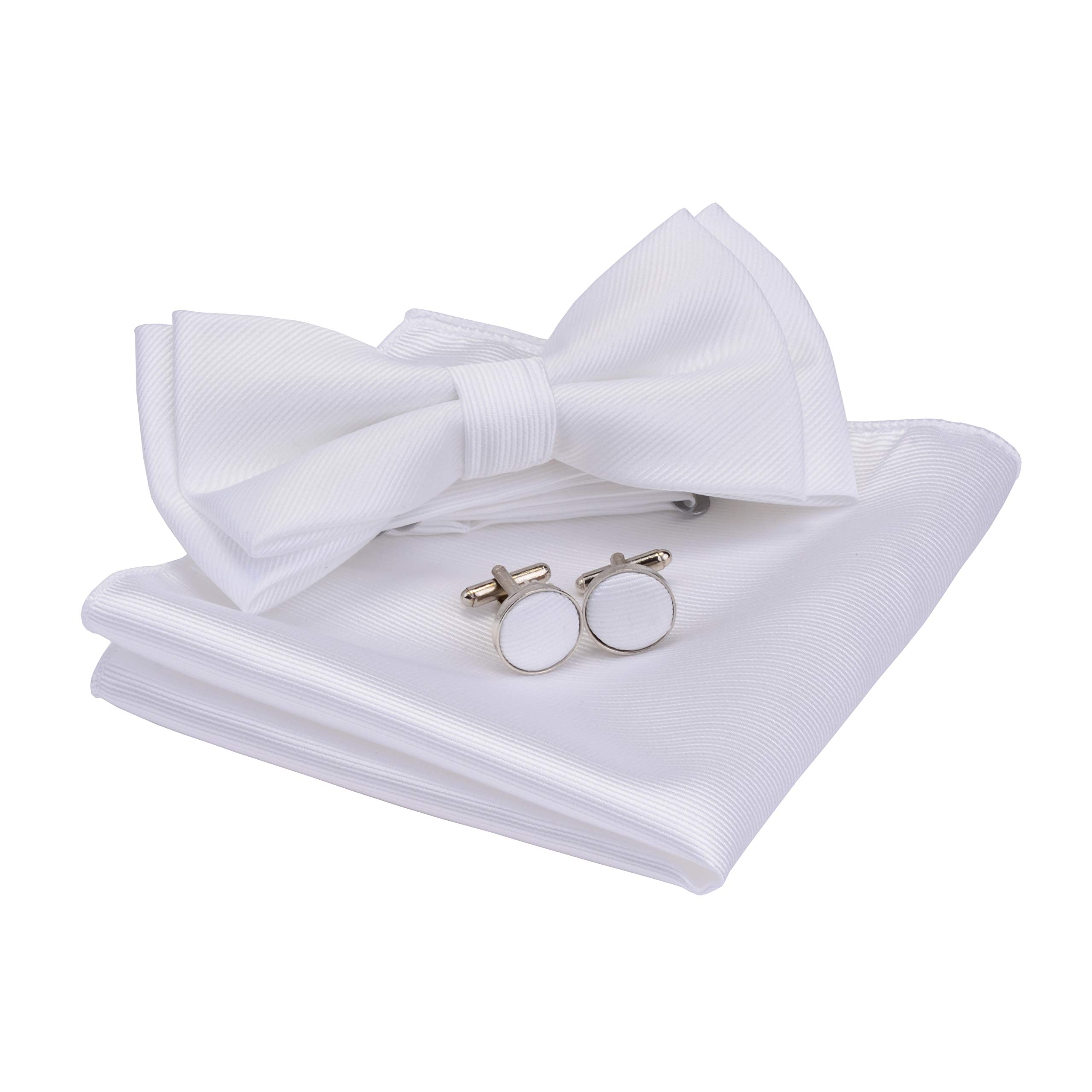 Gusleson Men's White Bow Tie Wedding Pre-Tied Solid Bowtie And Pocket Square Cufflink Sets (Uk0577-16)