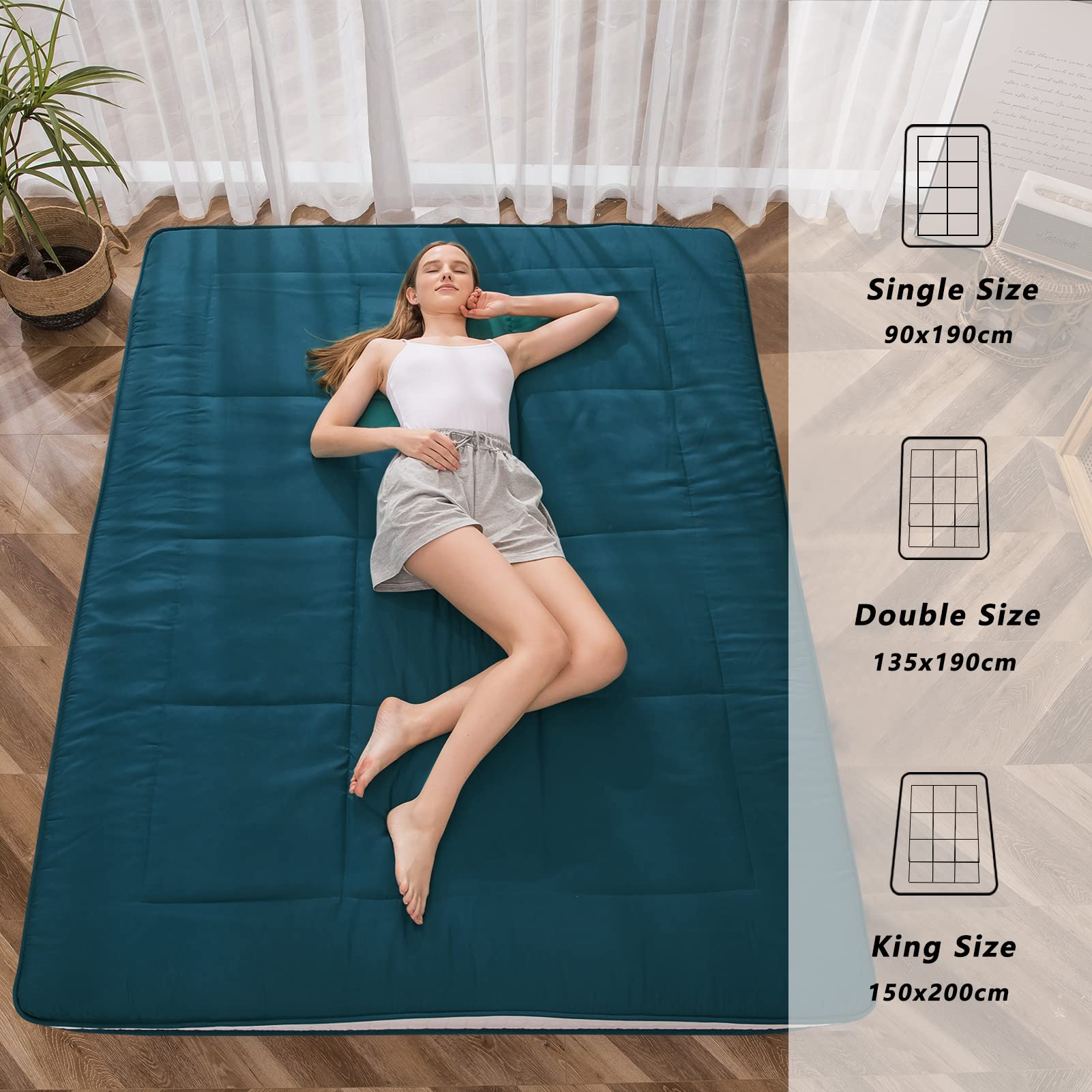 MAXYOYO Futon Materac - Wyściełany Japoński Materac Podłogowy, Pikowany, Bardzo Gruby Składany, Oddychający Leżak, Łóżko dla Gości (Bluestone, Podwójny)