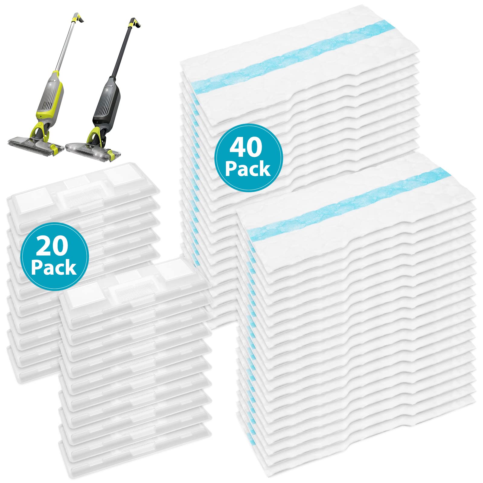 Extolife 40 Pack Vac Mop Pads Refills Replacement for Shark Vacmop VM252 VM251 VM200 VM200C VM252C QM250 VM250 VC205 Vacuum Mops, 40 Pack Disposable Mop Pads and 20 Pack Dirt Chambers (40 Pack)