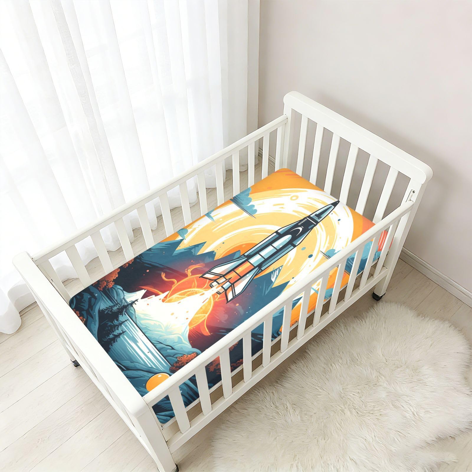 Arte Negro Cohete Fuego Estrellas Sábana de Cuna para Niños Pequeños,Sábanas de Algodón Suave para Bebés Aptas para Colchón Corralito