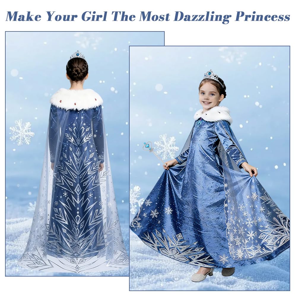 URAQT Vestito Principessa, Fantasia Costume Abito Principessa con Corona Scettro, Princess Vestito Carnevale Bambina Abito Adatto per Inverno