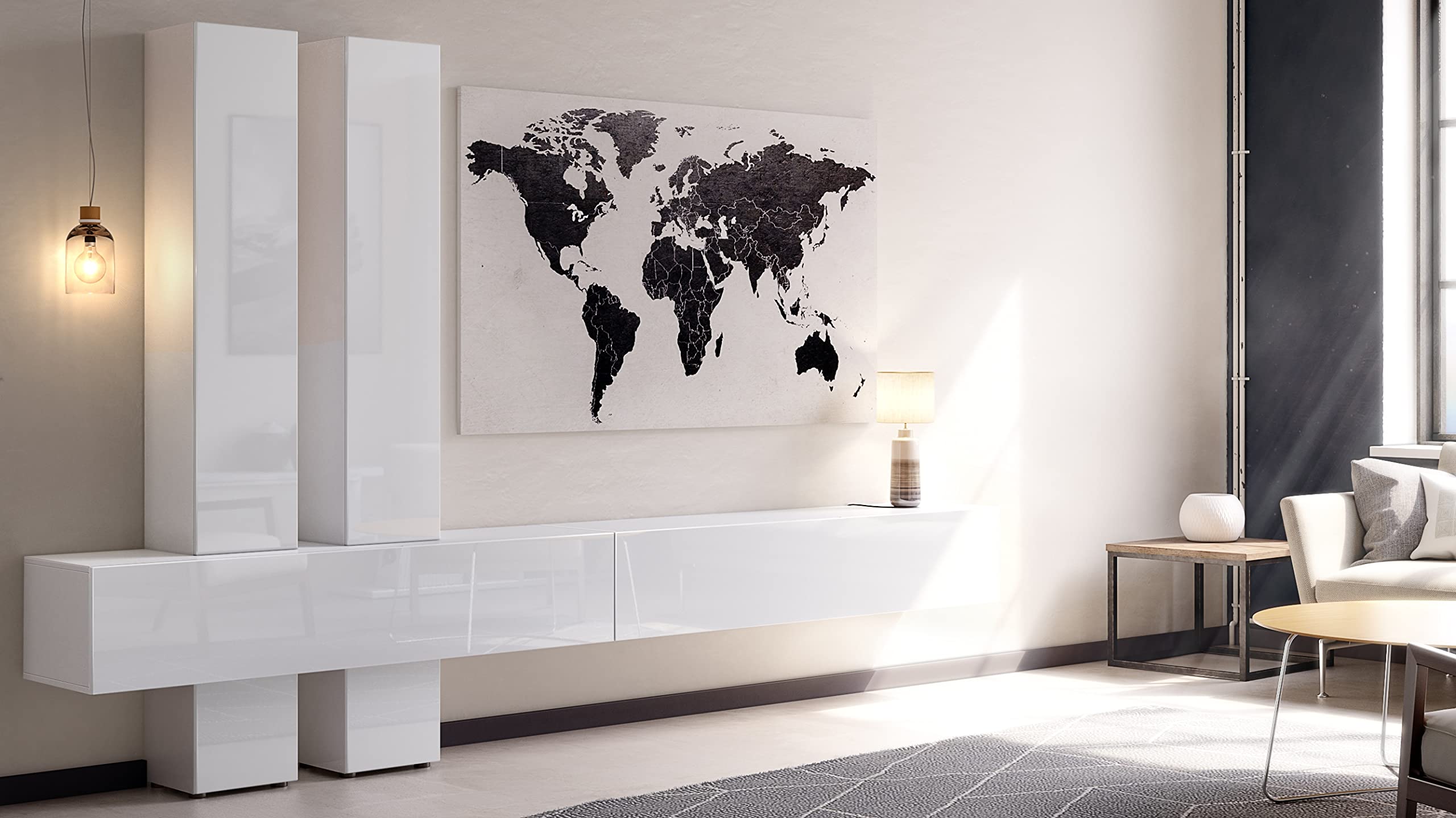 Vladon Wohnwand Moja Made in Germany Weiß matt, Weiß Hochglanz - Moderne Anbauwand für Wohnzimmer (330 x 204 x 39 cm)