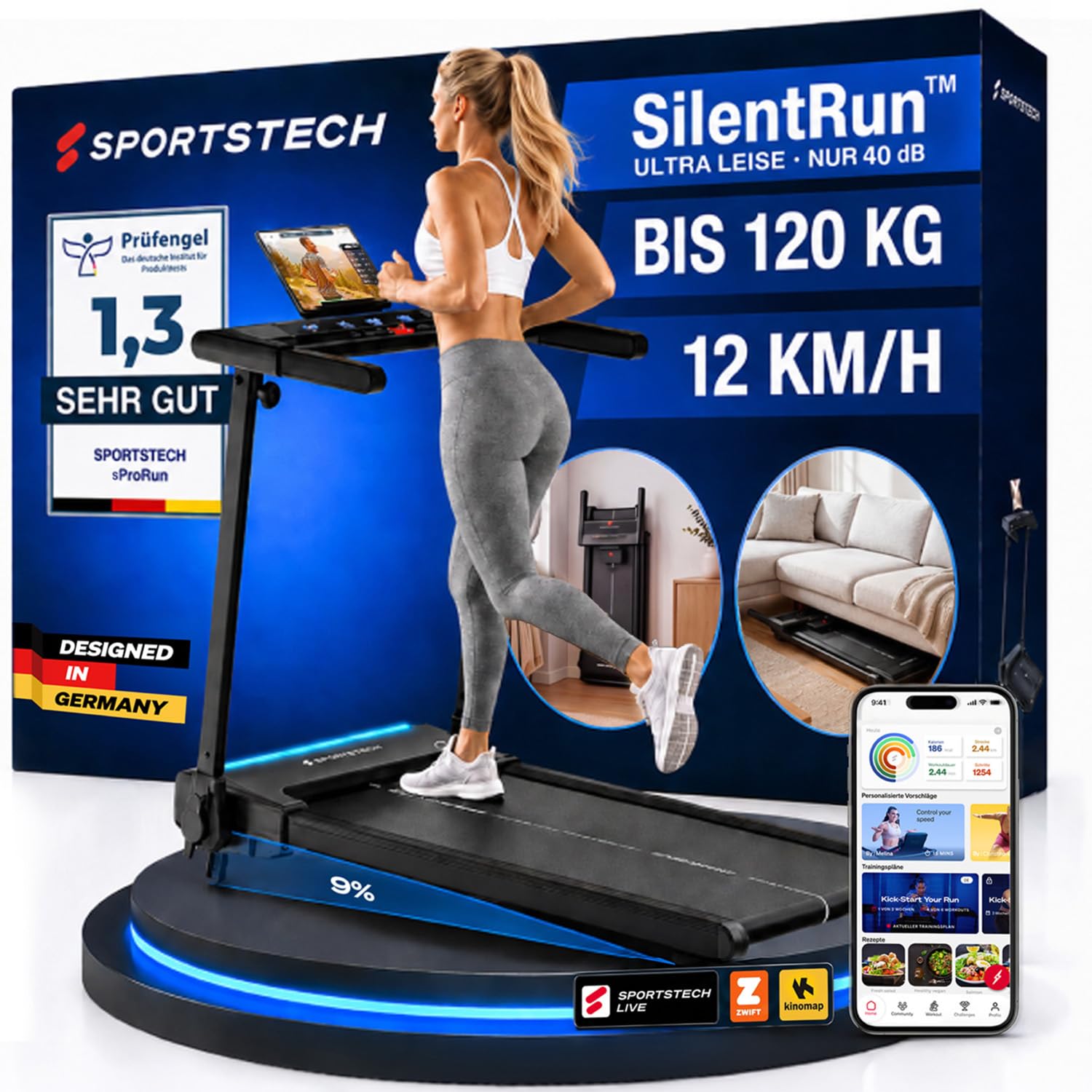 Sportstech Elektrisches Laufband - Klappbar mit 9% Steigung - Stabil bis 120 kg