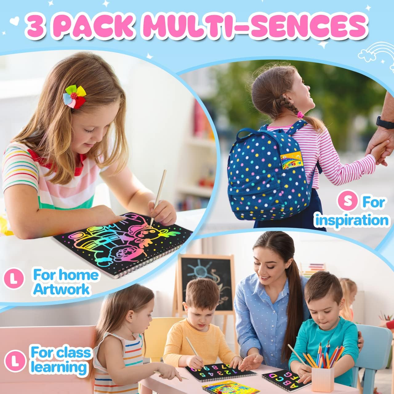 ZMLM Art-Craft Gift for Kids: 3 Pack Rainbow Scratch Paper Notebook Arts Crafts Coloring Kit Party Supplies for 3 4 5 6 7 8 9 10 11 12 Years Old Girls Boys Birthday Present Christmas Toy : Toys & Games