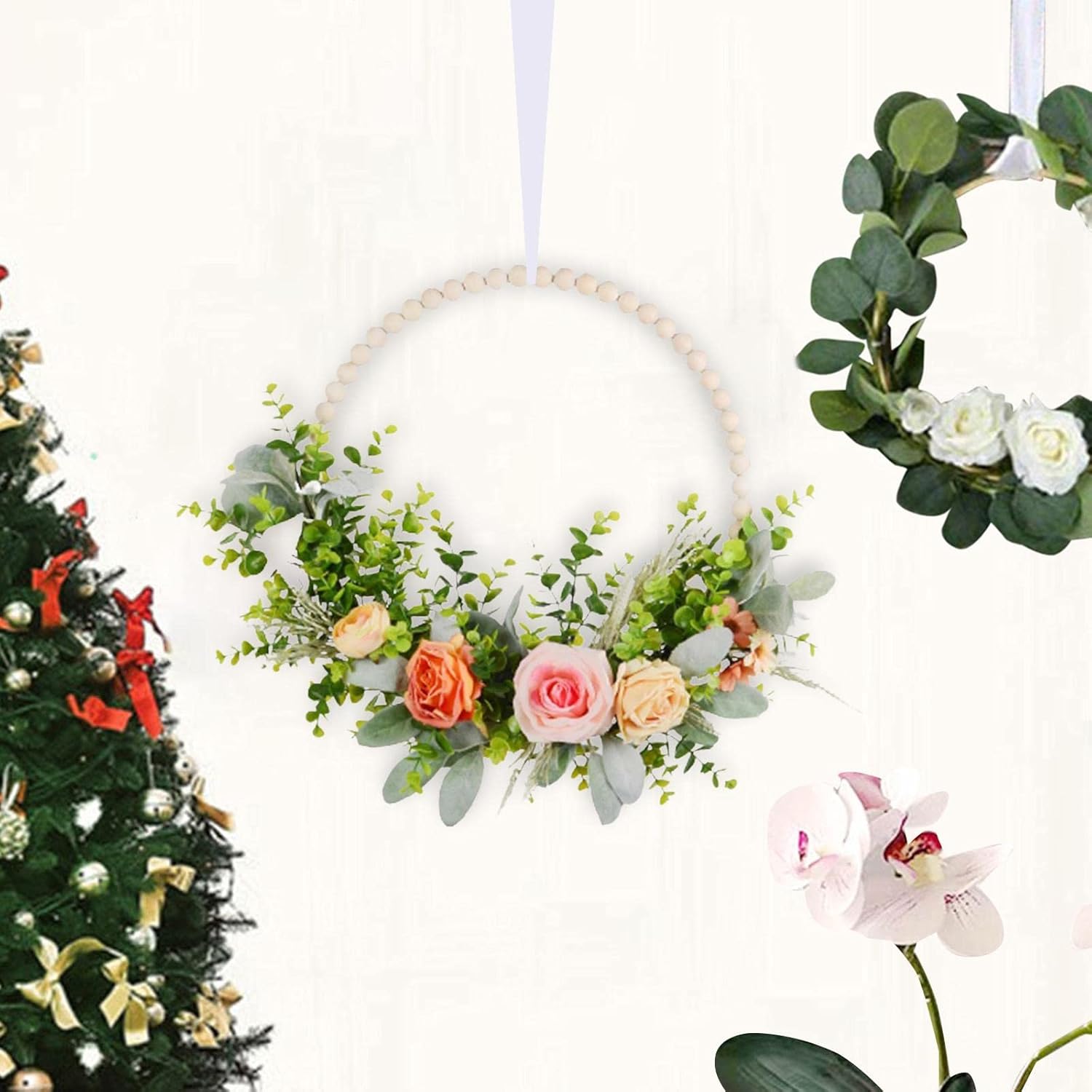 Artificial Wood Bead Wreath, Hanging Garland Front Door Hydrangea Hoop for Home, Rose