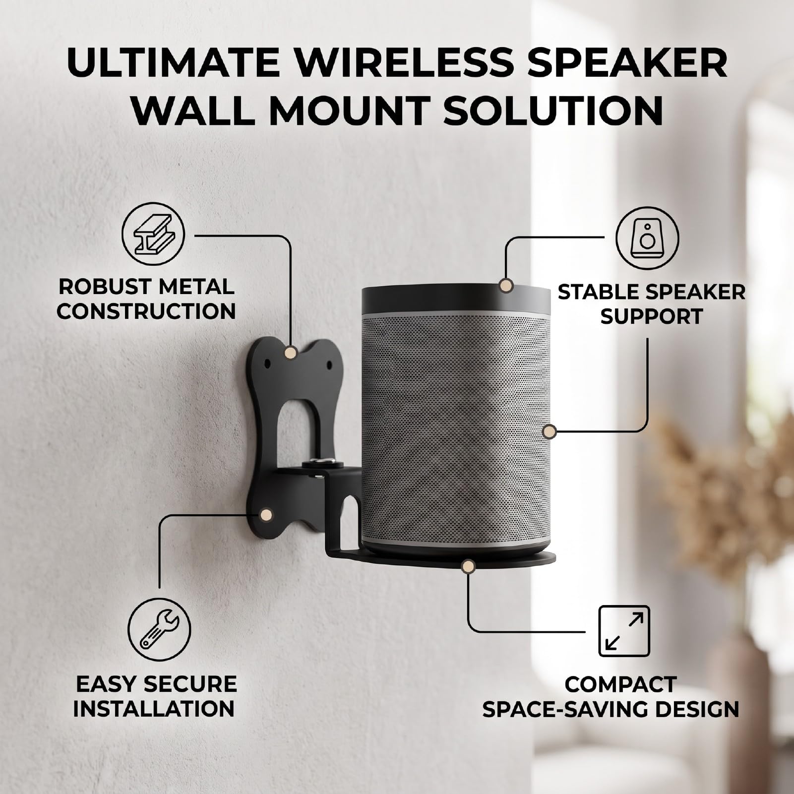 Supporto da Parete per Altoparlante Wireless, Staffa da Montaggio, | Staffa in Metallo 3 Mm, Salvaspazio, Angolo Regolabile, Viti Incluse, Base Stabile, Adatta Alla Casa