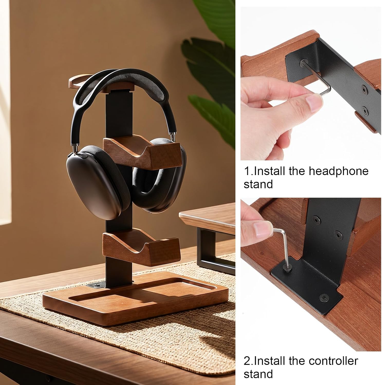 Wooden Headphone and Controller Stand, 2-in-1 Wood Controller Stand