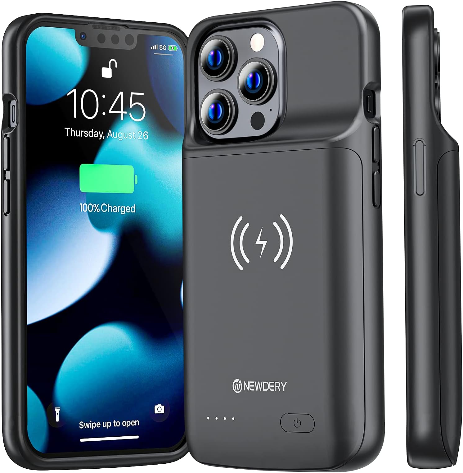 NEWDERY4800mAh Battery Case for iPhone 13 Pro and iPhone 13, Compatible with Qi Wireless Charging, Protective Case with Rechargeable Portable Battery for iPhone 13 Pro and iPhone 13 (6.1 inch)