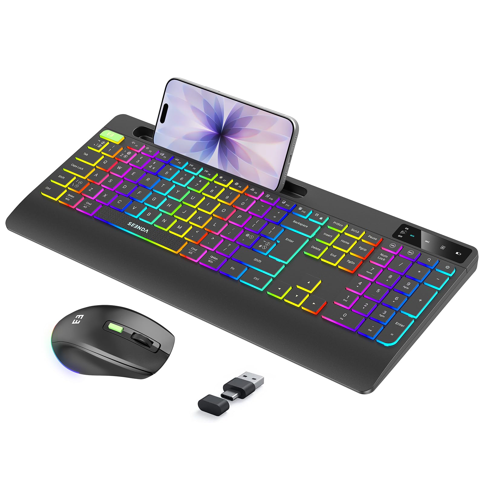 seenda Wireless Backlit Keyboard and Mouse, Rechargeable 2.4G USB A & Type C Ergonomic Set UK QWERTY Layout with Rainbow Backlight and Wrist Rest, Black