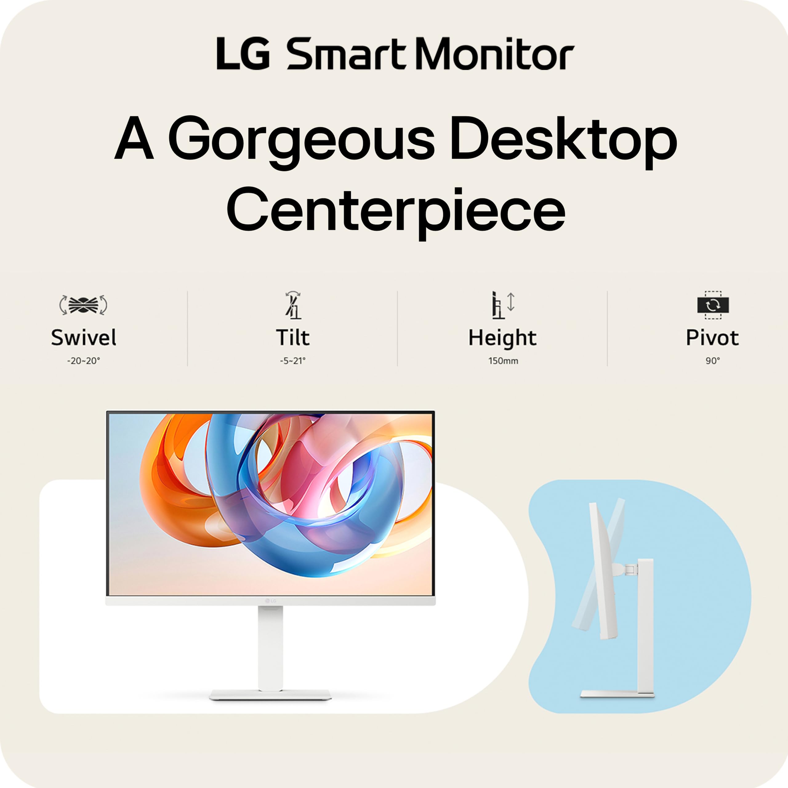 LG 27U730SA-W 27-Inch Smart 4K UHD (3840 x 2160) IPS Computer Monitor, HDR10, Built-in Speaker, Screen Share, Bluetooth, Remote Control, HDMI, USB Type-C PD 65W, Tilt/Height/Swivel/Pivot Stand, White — view 7