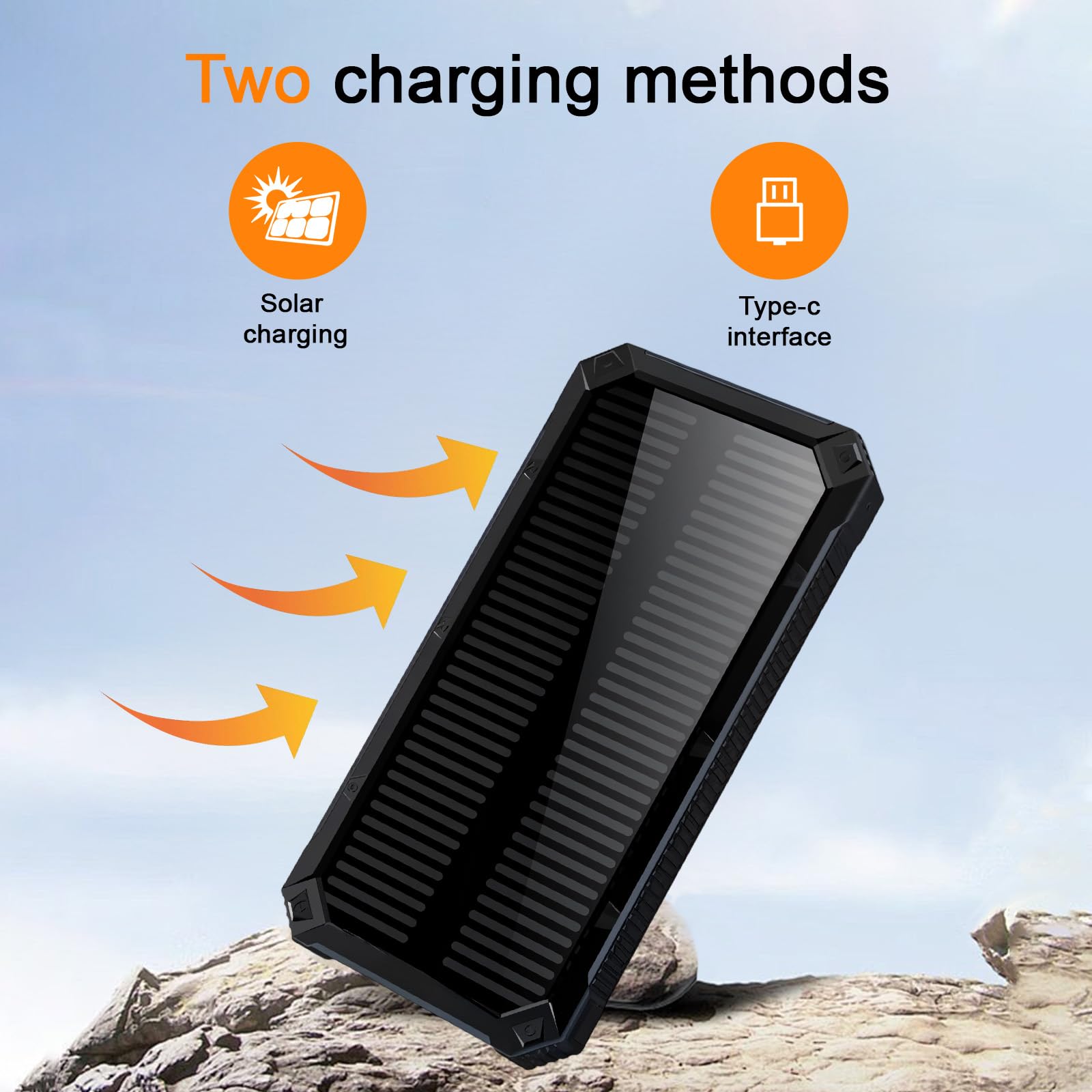 Solar Power Bank 20000mAh,Wasserdichtes Tragbares Powerbank Solarpanel mit 2 USB-Anschlüssen 1 Typ-C Port für Smartphones, Tablets und mehr,LED Licht Solarladegerät