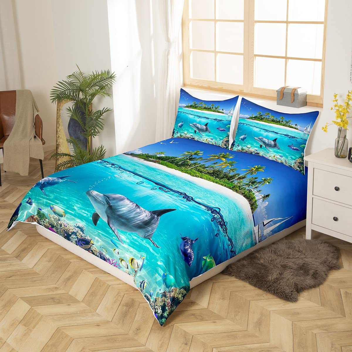 Homewish Underwater World Bedding Set Hawaii Beach Duvet Cover King,Island Mediterranean Comforter Cover Tropical Sealife Bed Sets Nautical Sea Animal Ocean Theme Bedroom Decor for Child Kids - Image 2