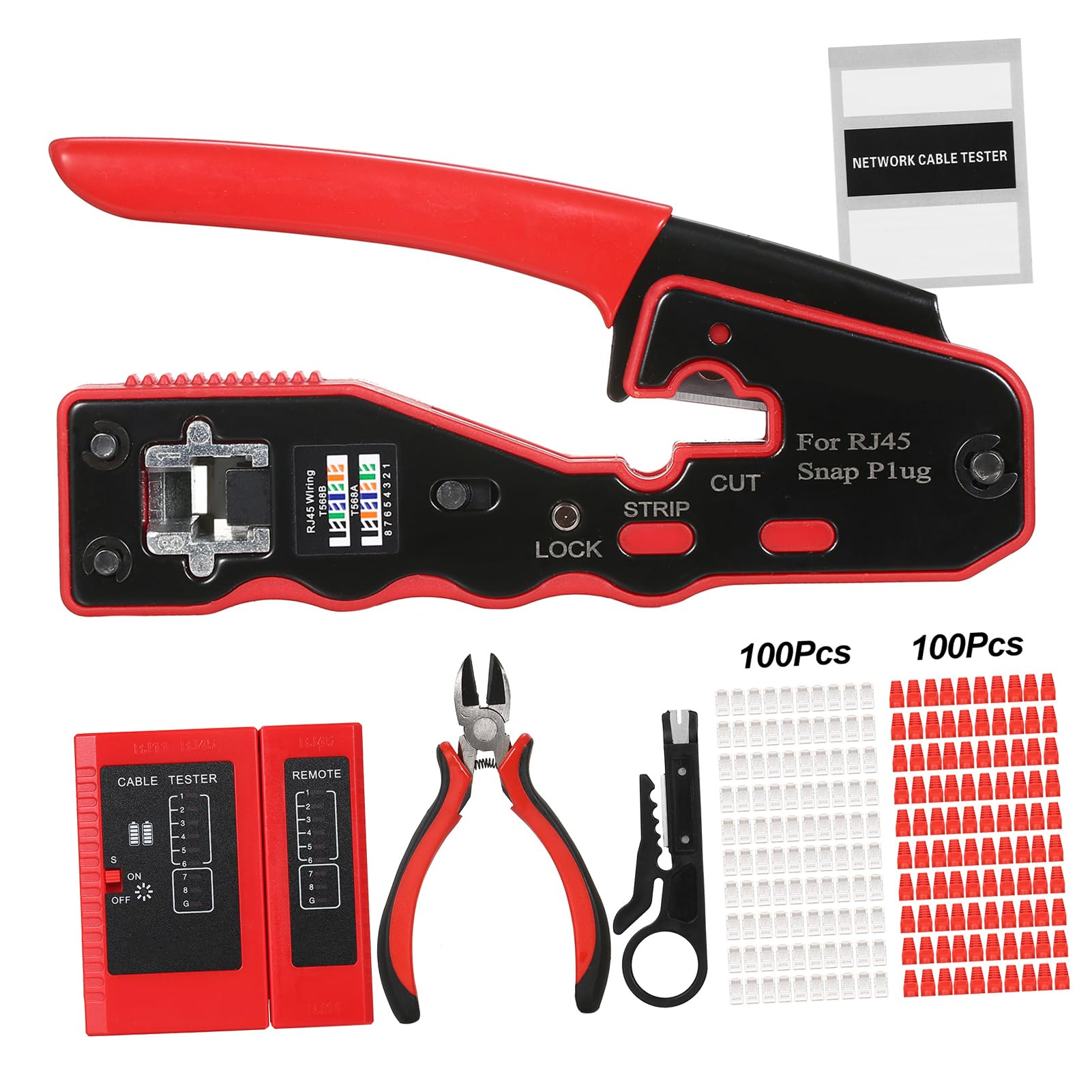 Kit d'outils de sertissage RJ45 pour connecteurs pass-through Cat5e, Cat6, Cat6a, comprenant une pince pour câble réseau, un testeur RJ11 RJ45, 100 fiches plaquées or, 100 bottes