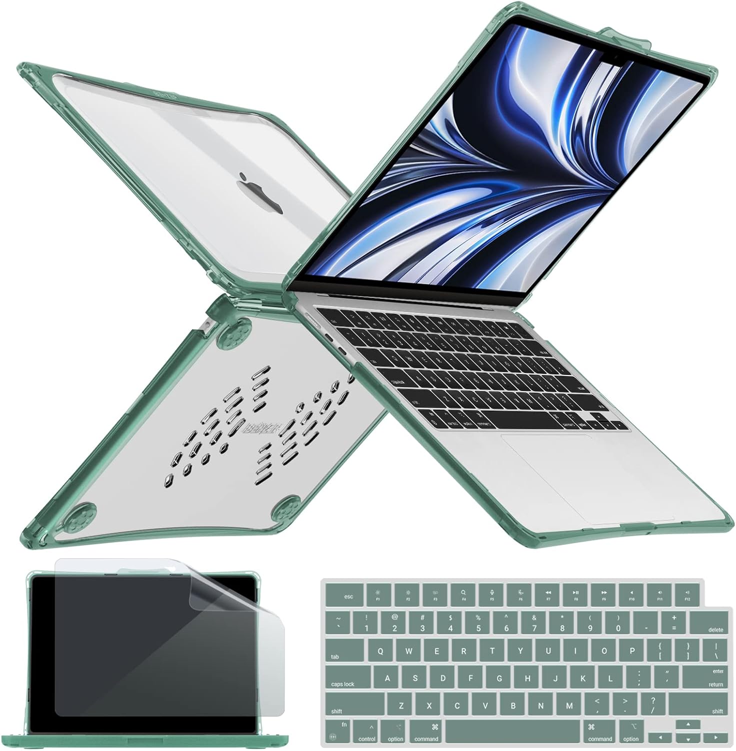IBENZER Hexpact Protective MacBook Air 15 inch case 2026 2025 2024 2023 M5 A3448 M4 A3241 M3 A3114 M2 A2941, Heavy Duty case with ScreenFilm &KeyboardCover, Midnight Green, HPE-MAT15-MTGN+2