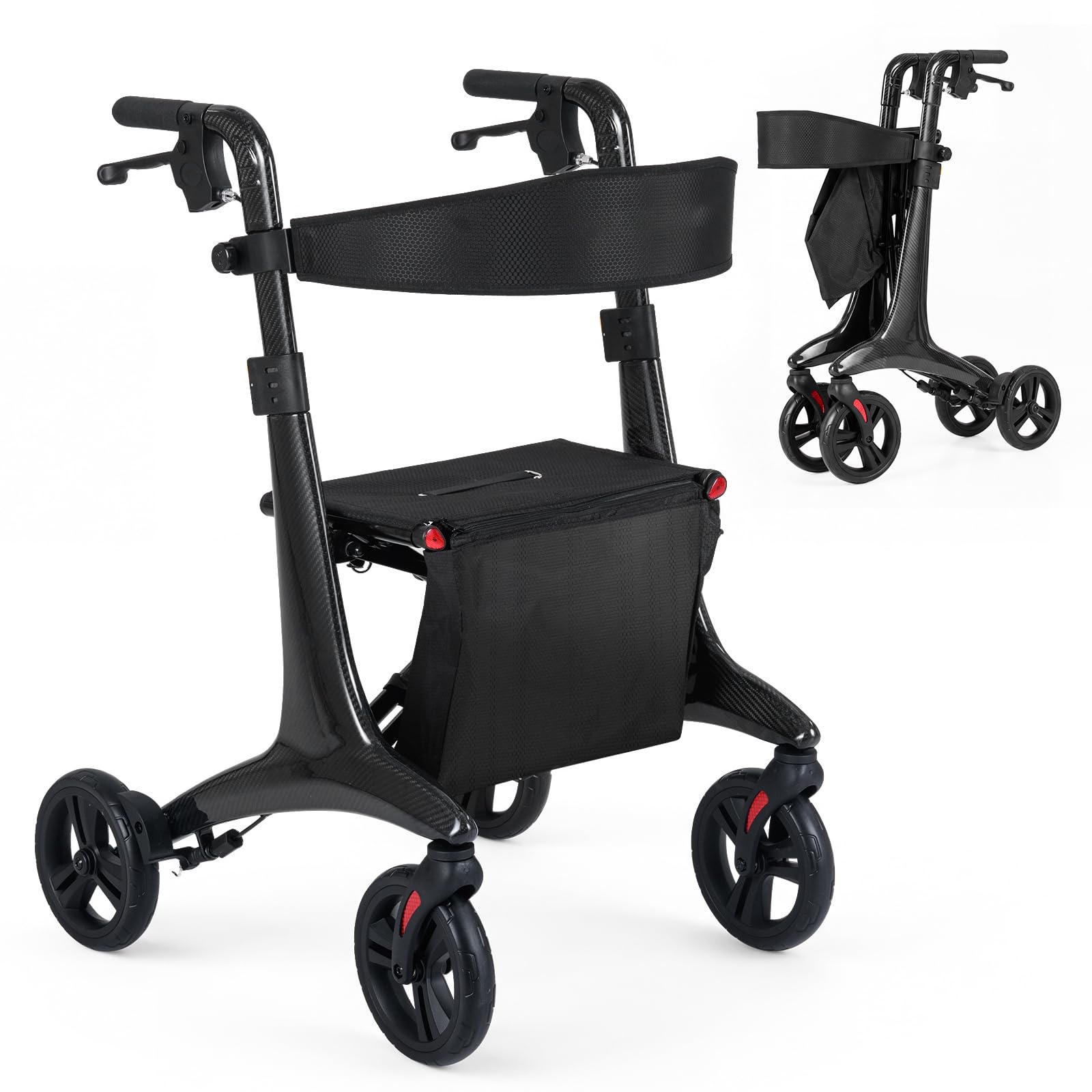 COSTWAY Andador Plegable para Ancianos, Caminadores para Mayores con Asiento, Estructura de Fibra de Carbono, 4 Ruedas de 20 cm, Altura Ajustable, Bolsillo, Tacataca para Ancianos, Carga 136kg