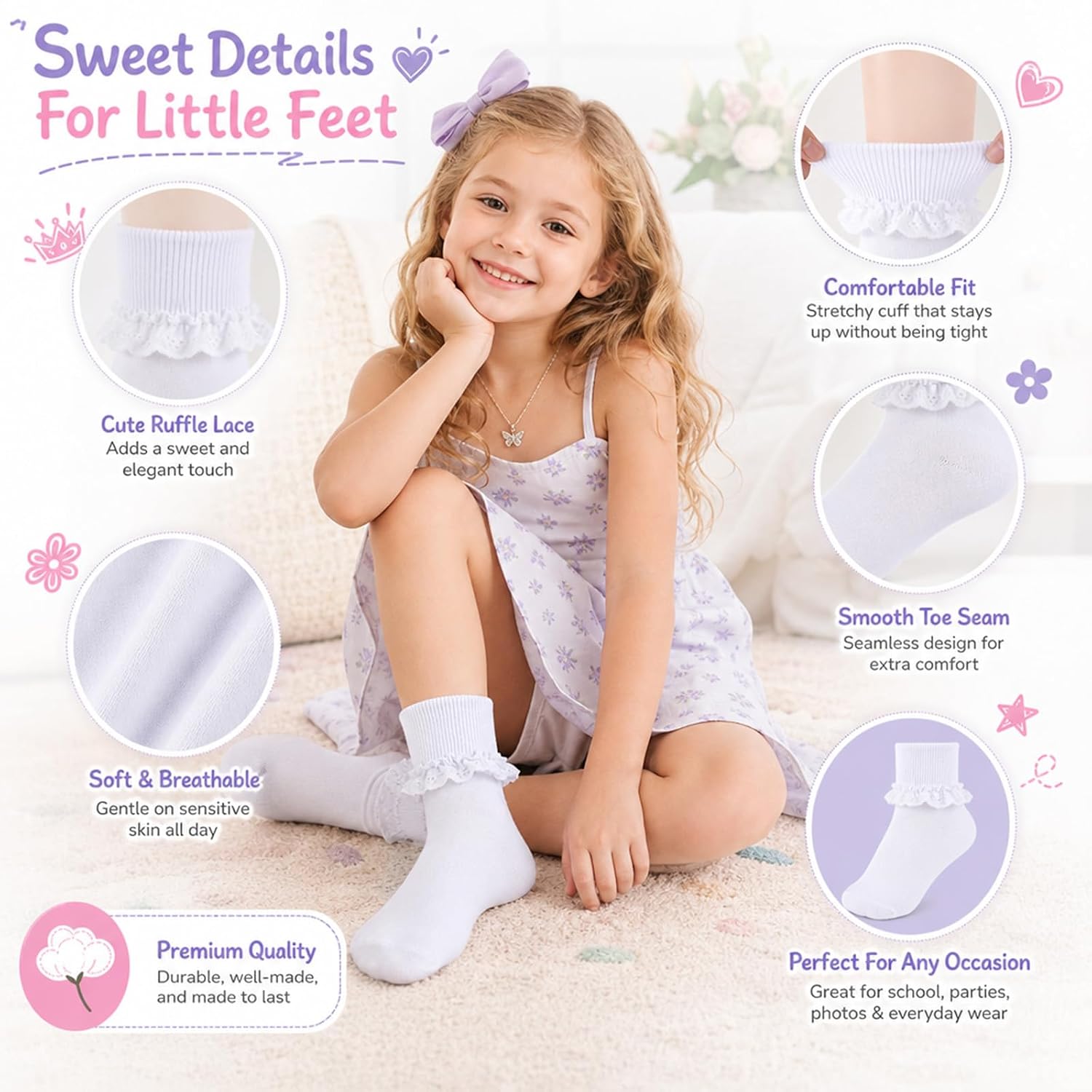 White Girls Ruffle Socks Toddler Lace Frilly Dress Socks