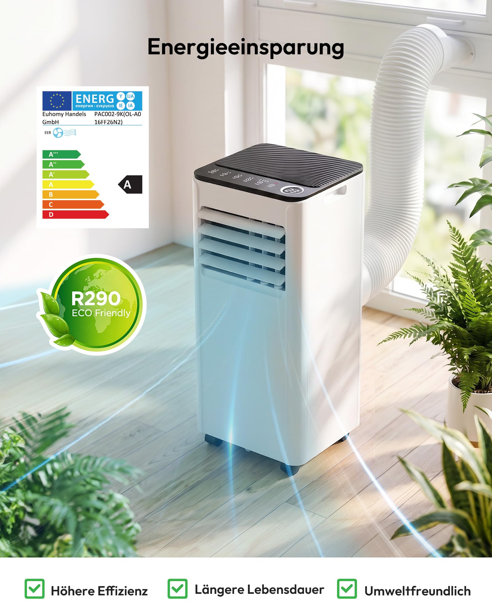 Mobile Klimaanlage 9000 BTU 4-in-1 Klimagerät mit Abluftschlauch Digitaldisplay Fernbedienung Fenster-Installationsset 24h-Timer