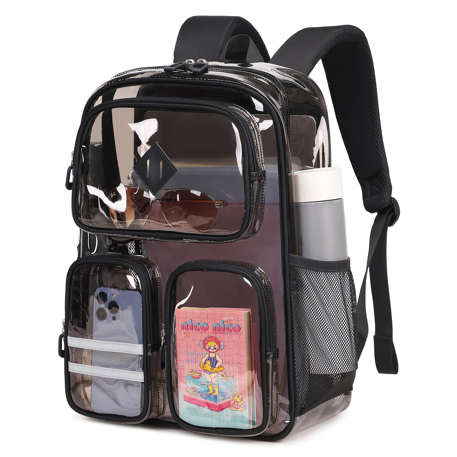 ASKSKY Clear Backpacks for School Heavy Duty Clear Bookbag Stadium Events Transparent Back Pack Girls Boys, Black Semitransparent