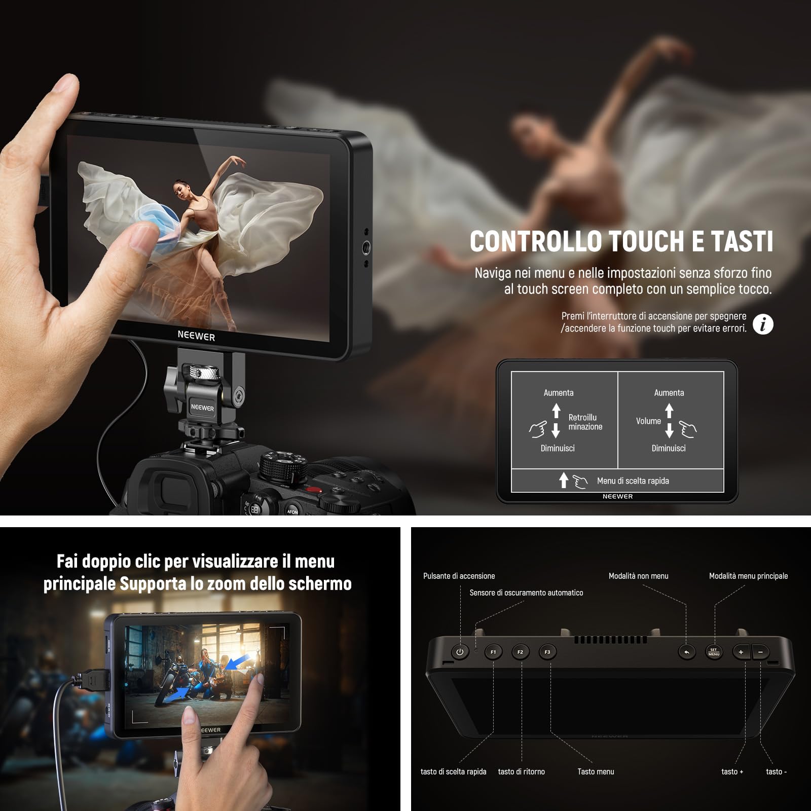 NEEWER F700 Monitor da Campo per Fotocamera 7", 2000nit HD 1920x1080 IPS Touch Screen con 3D LUT, Loop in/Out HDMI 4K con Peak Focus DSLR Video Assist HDR Waveform, Cold Shoe, Batteria Non Inclusa