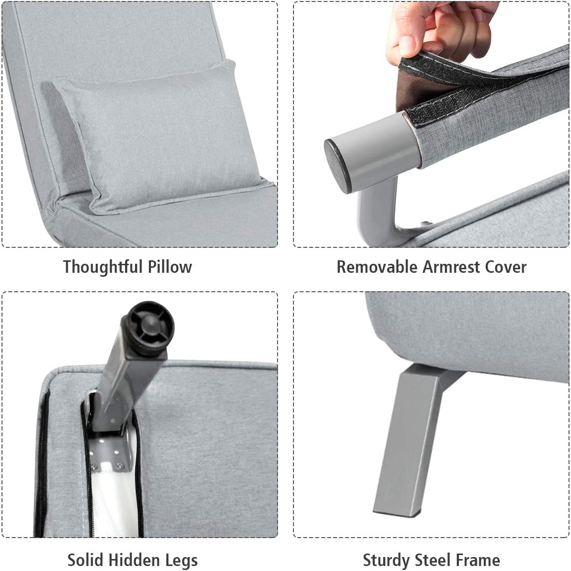 Giantex Convertible Sofa Bed Sleeper Chair, 5 Position Adjustable Backrest, Folding Arm Chair Sleeper w/Pillow, Upholstered Seat, Leisure Chaise Lounge Couch for Home Office (Light Gray)