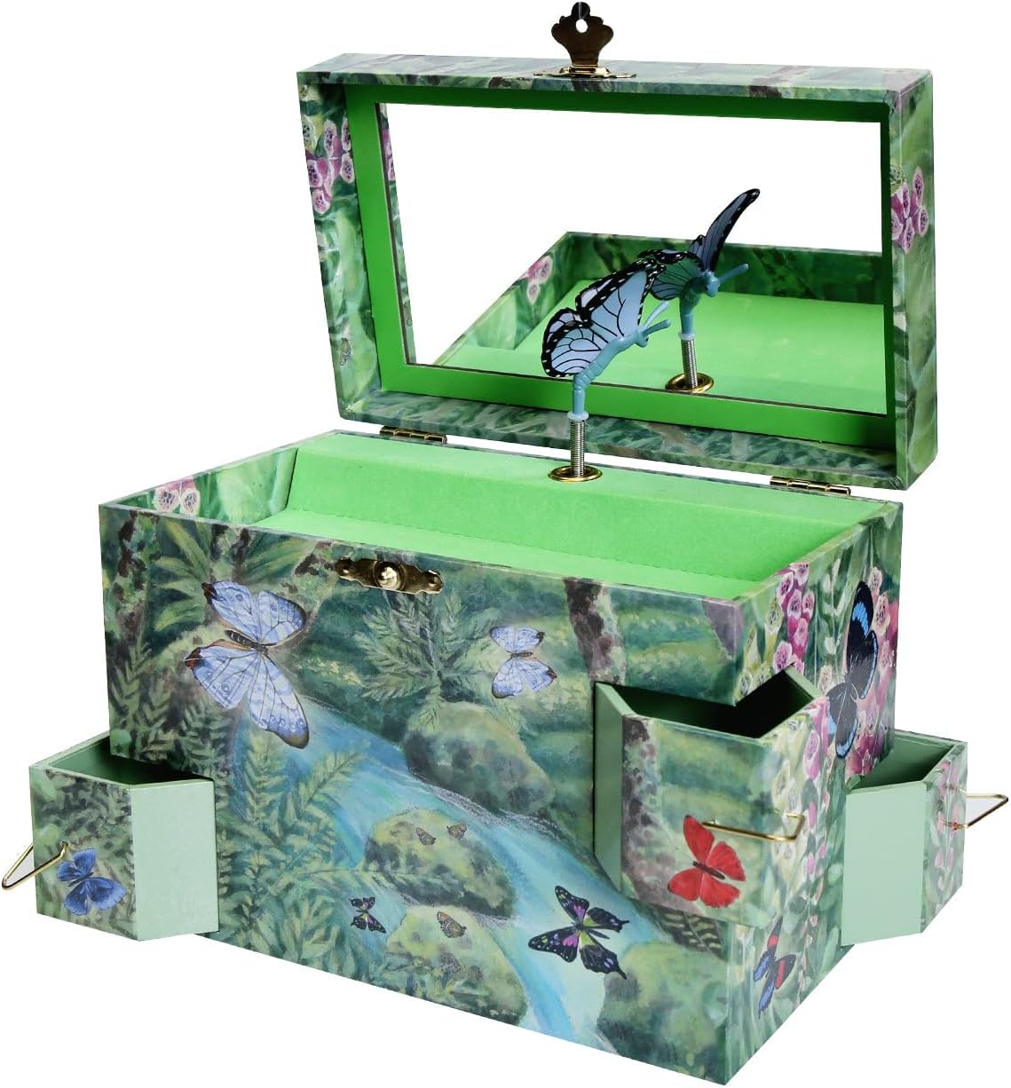 Enchantmints Mariposa Butterfly Music Jewelry Box for Children - Velvet Lining, 4 Drawers, Blue Butterfly Figurine - 7.75 x 4.5 x 6 inches