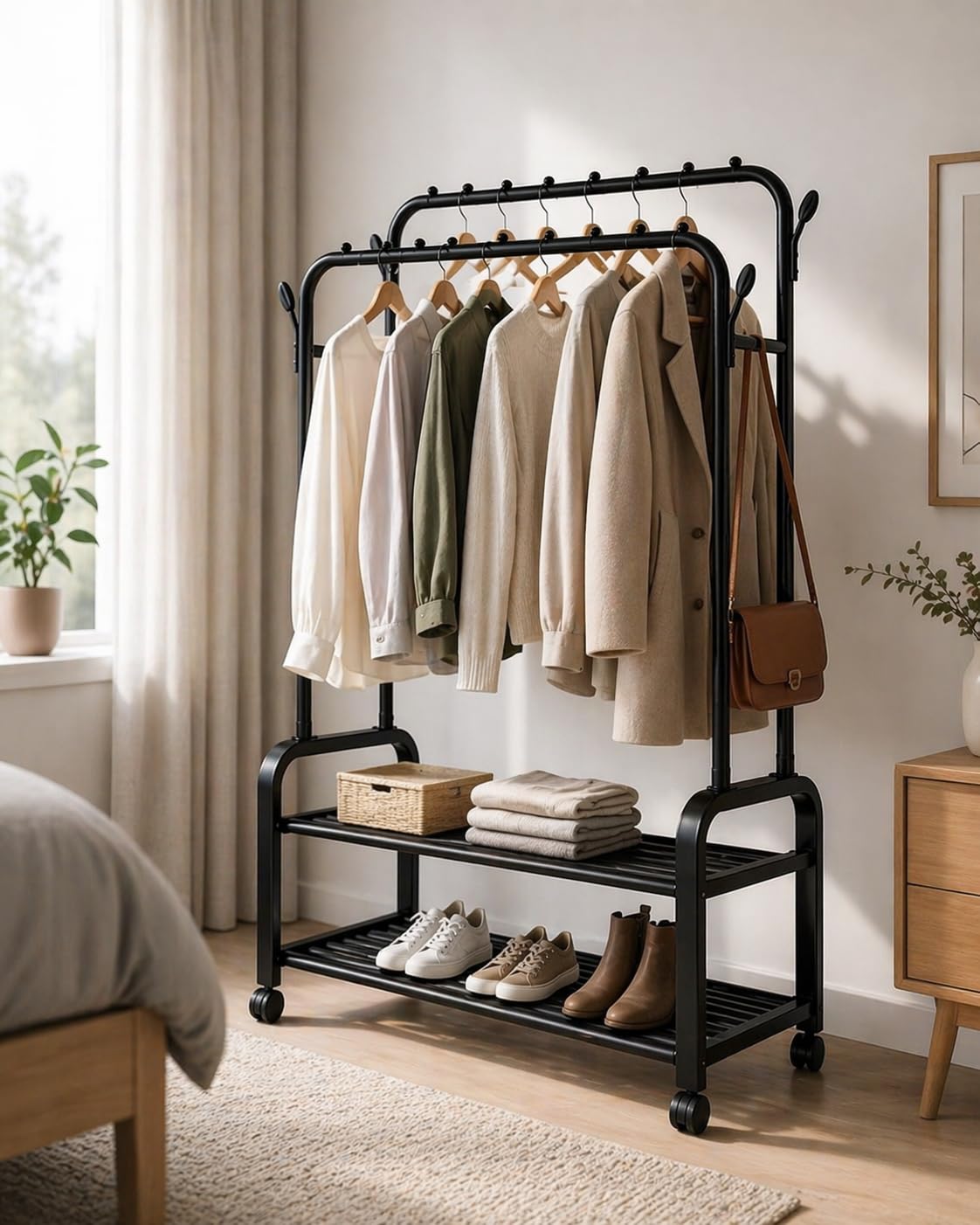 Appendiabiti Indipendente con Ripiani, Struttura in Metallo Nero, 150cm Altezza x 110cm Larghezza x 49cm Profondità, Capacità 780lb, Organizer per Vestiti Scarpe e Accessori