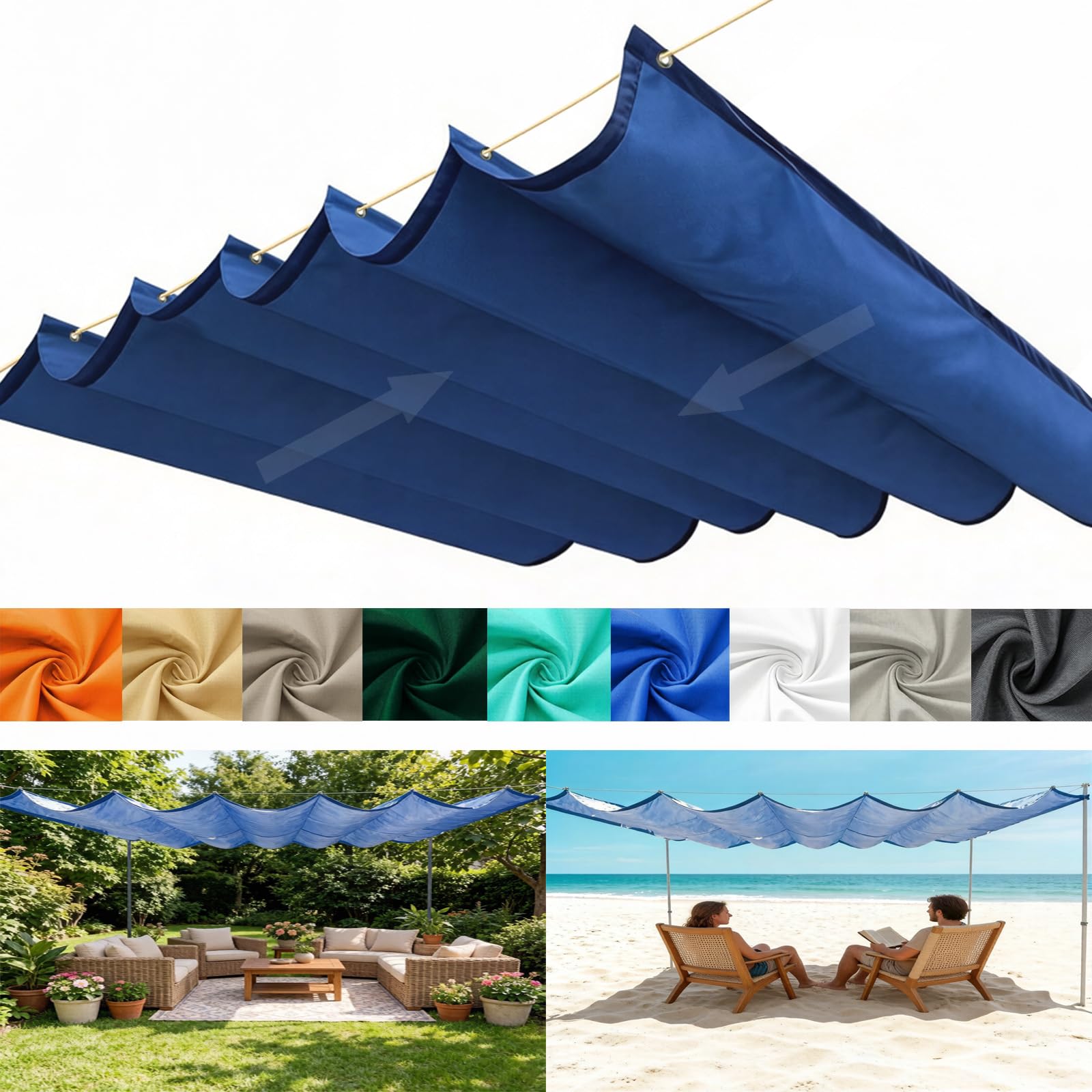 Retractable Wave Sun Shade Sail, Wave Awning Canopy with Eyelets and Rope, Adjustable Shade Cover Sun Protection Waterproof Outdoor Pergola for Outdoor Garden Patio Yard Lawn-Dark blue||70x900cm