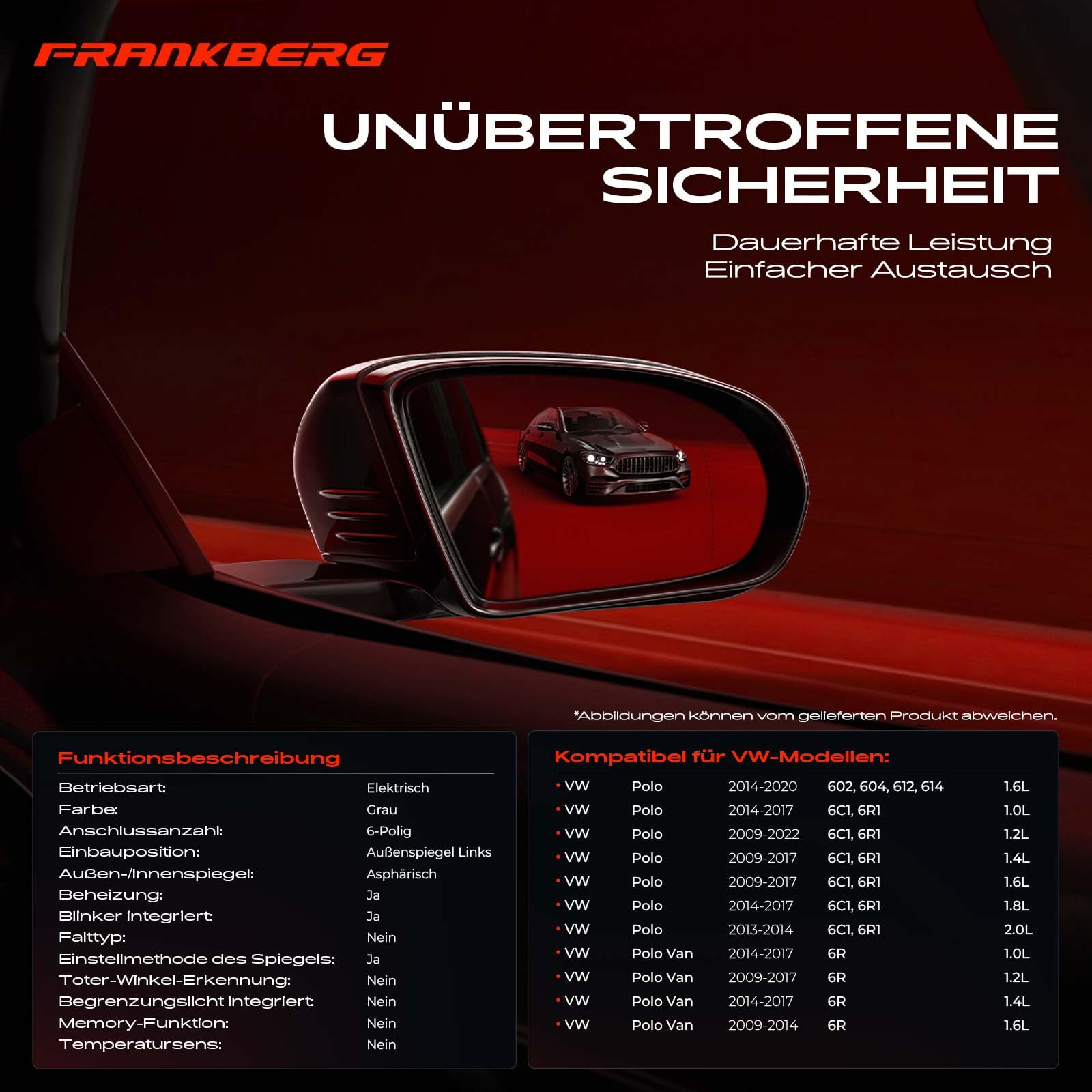 Frankberg Specchio Specchietto Retrovisore Elettrico Sinistra 6 poli &-Riscaldabile &-Luce lampeggiante Compatibile con Polo 2009-2022 Polo Berlina 2014-2020 Polo Van 2009-2017
