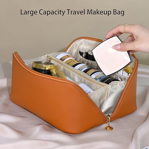 Miniatura 2 de Bolsa de maquillaje de viaje de gran capacidad, bolsa de maquillaje portátil de cuero impermeable, bolsa organizadora de cosméticos grande con