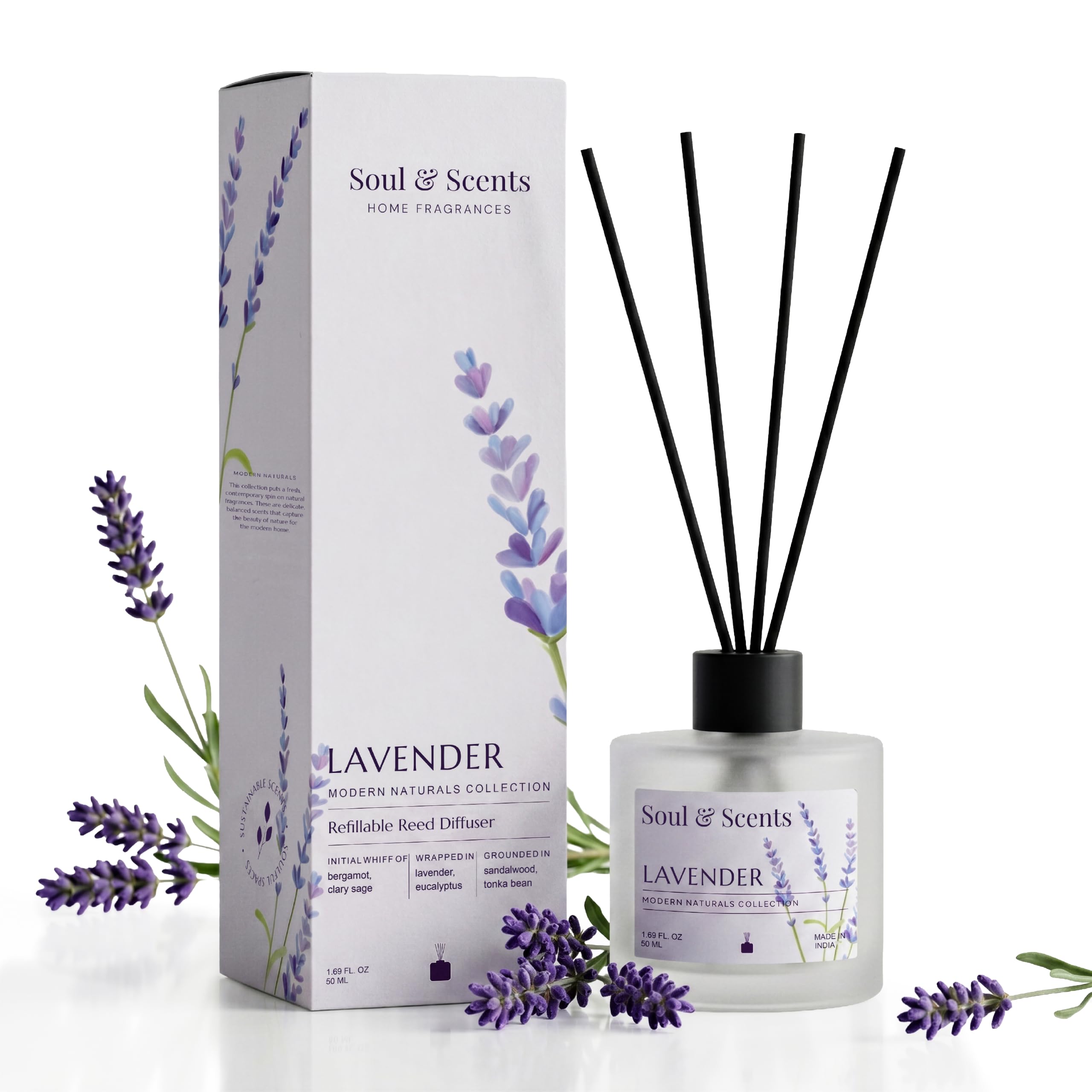 Soul & Scents 50ml Lavender Reed Diffuser Set | Blend of Rosemary and Vanilla | Get 5 Rattan Reed Sticks | Smoke Less Room Freshener for Home, Bedroom, Living Room & Office