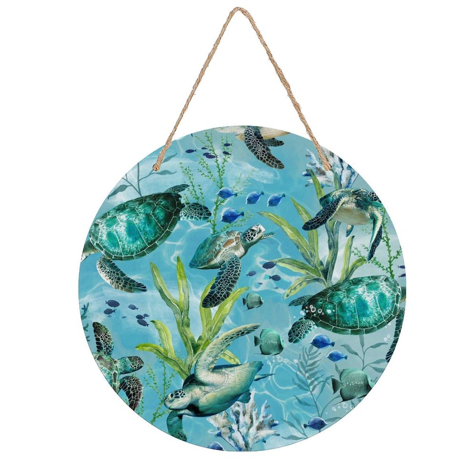 VstaDank Sea Turtle-Blue Wall Decor Round Wood Hanging Sign 7.9x7.9 in Wooden Circle Door Hanger with Ropes, Rustic Wall Art Decor for Home Front Door Indoor Outdoor Decoration