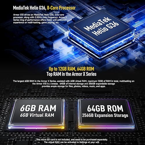 Miniatura 3 de Ulefone Armor X13 12GB+64GB Smartphone resistente desbloqueado, MTK Helio G36 Android 13, cámara de visión nocturna de 50 MP+24 MP, 6.52 pulgadas