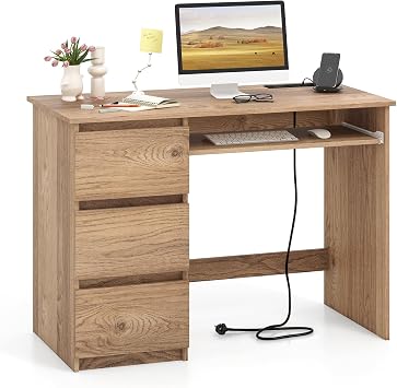 COSTWAY Computer Desk, 106 x 50cm Wooden Study Table Writing Workstation with 3 Large Drawers, Keyboard Tray, Type-C & USB Ports, Modern PC Laptop Table Gaming Working Desk for Home Office