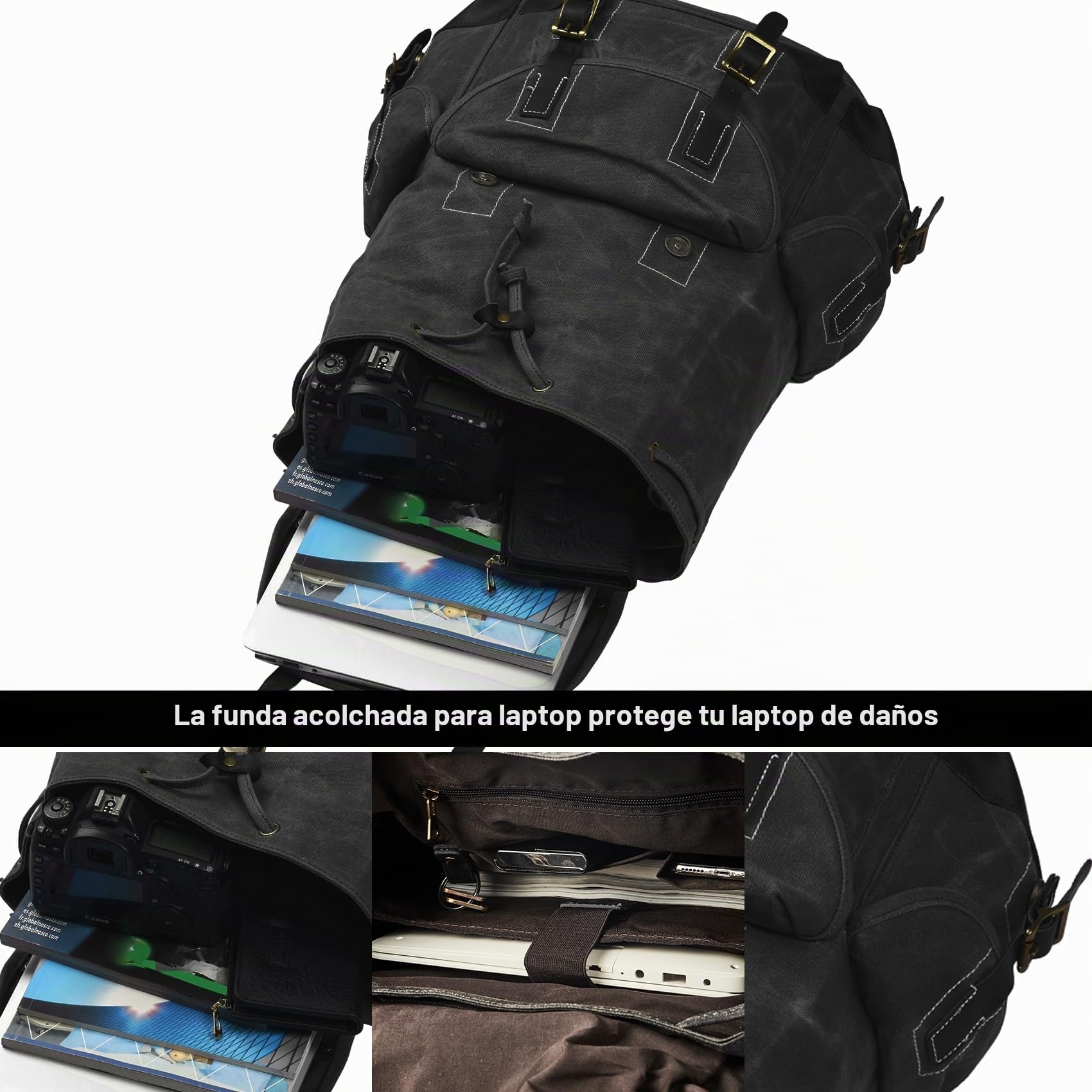 Mochila Hombre Lona Encerada Mochila de Viaje Mochila Escolar Vintage Durable y Resistente al Agua