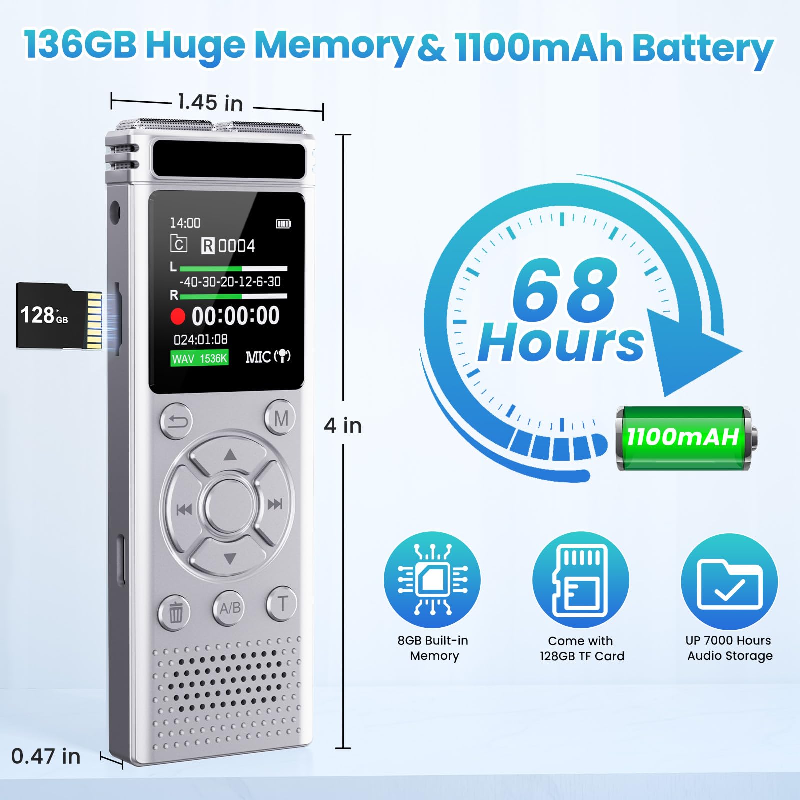 Registratore vocale digitale da 136 GB con riproduzione, dispositivo di registrazione audio 9000 ore, registratore vocale attivato con riduzione del rumore, ripetizione A-B, lettore MP3 e password per