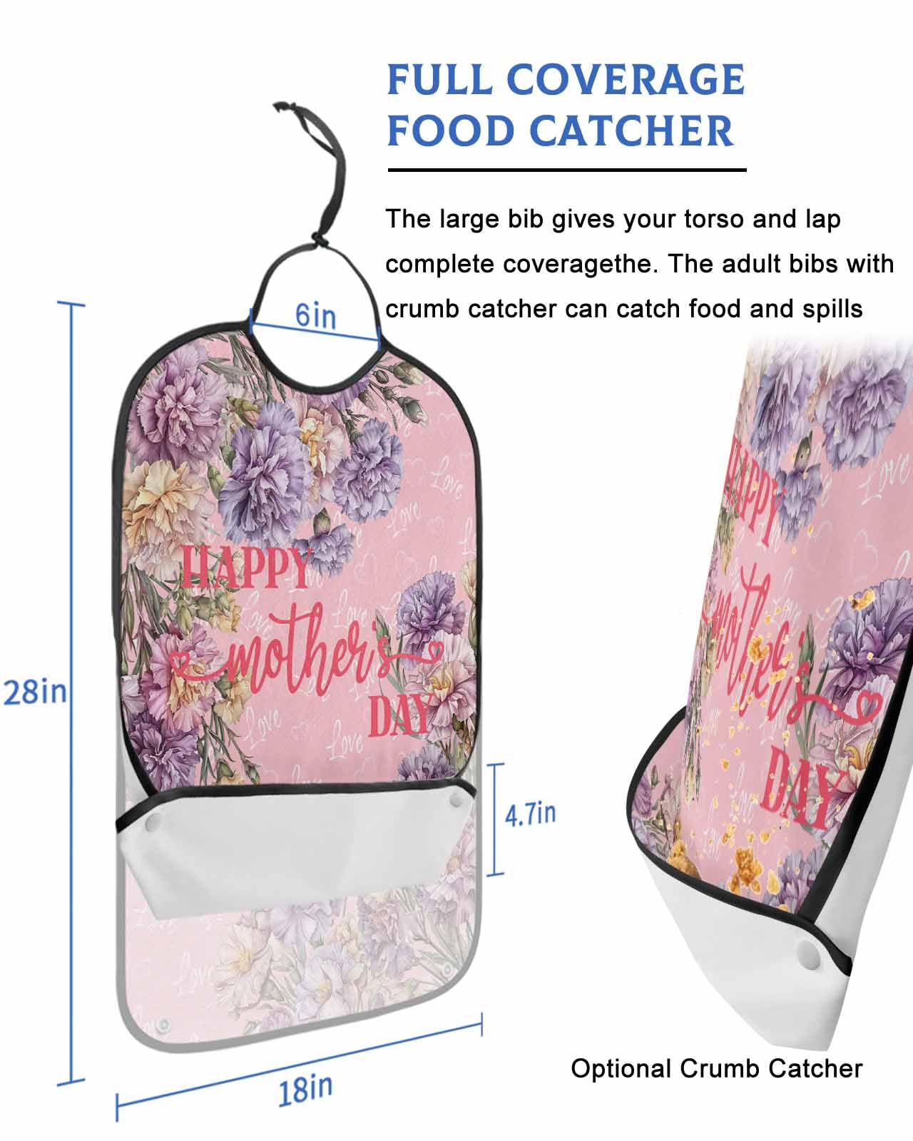 LEOKOTI Happy Mother's Day Adult Bibs for Eating, Waterproof Bibs with Food Catcher & Adjustable Snap Closure, Pink Love Heart Purple Spring Floral Washable Clothing Protectors Adult Bibs for Elderly