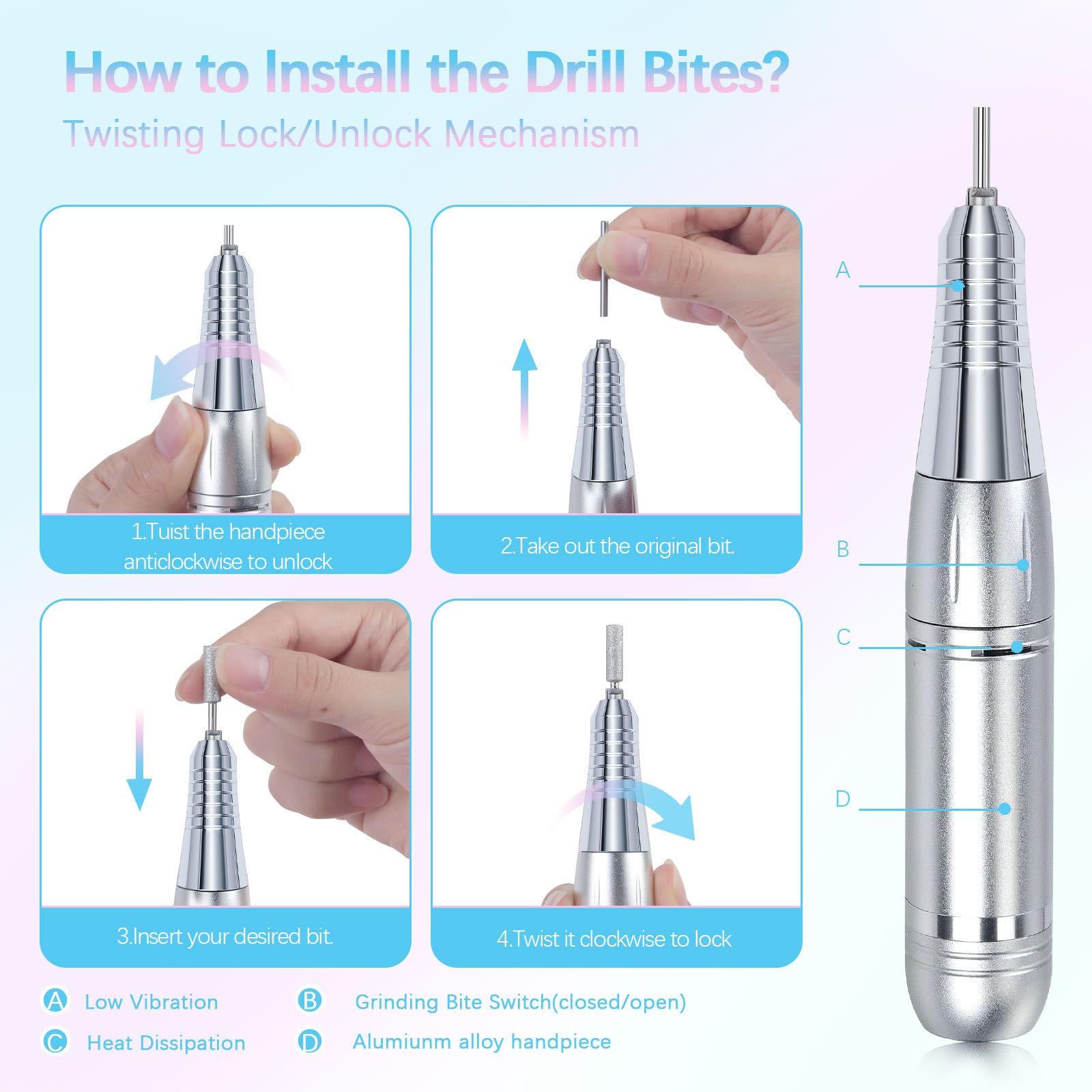 Pulidor de uñas eléctrico inalámbrico con potente motor de 45000 rpm, batería de larga duración para el cuidado de las uñas