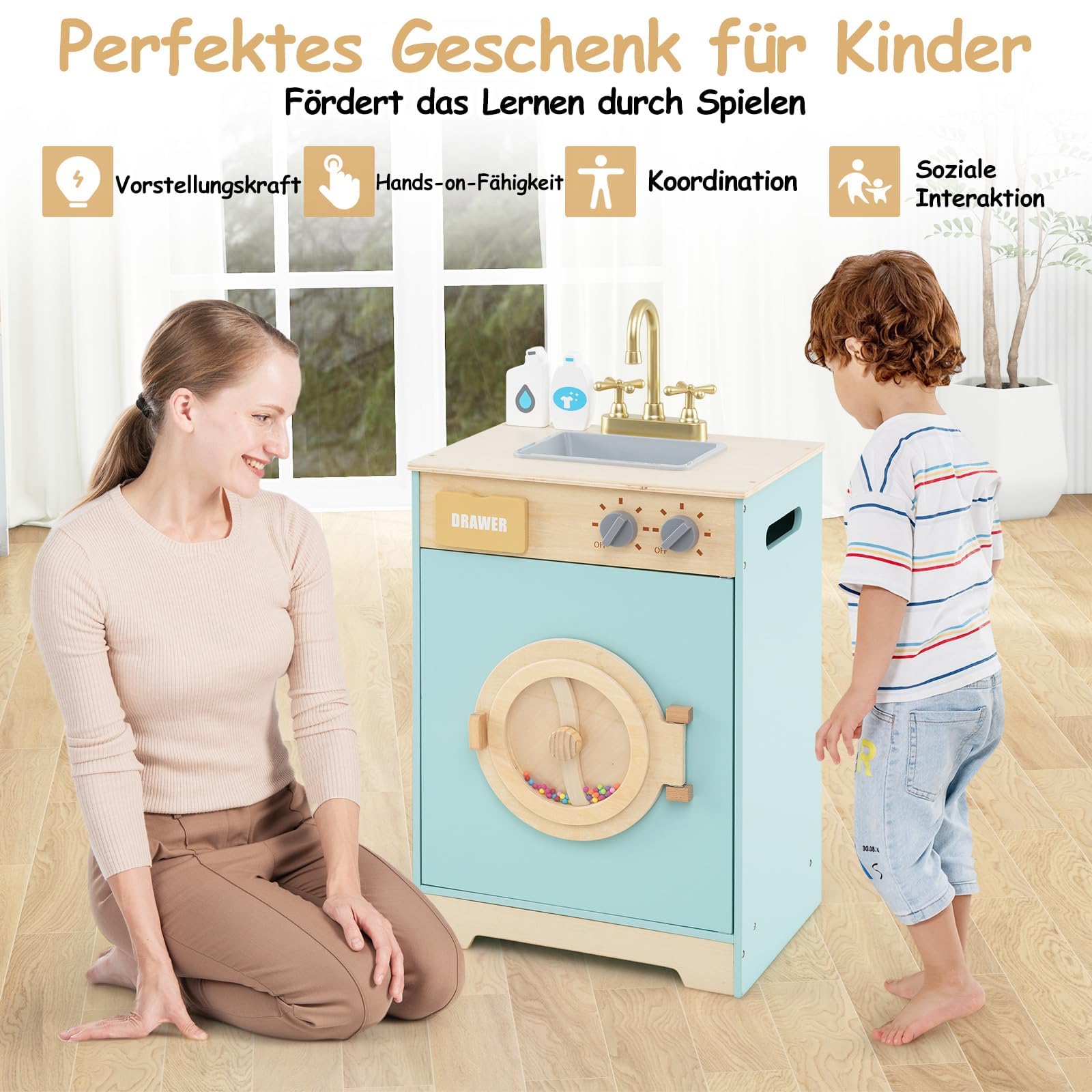 FANTASK Waschmaschine-Spielset, Kinder Waschmaschine Holz mit Waschmittel & Handdesinfektionsmittel, Wäscheset mit Spüle, Schublade & Drehrad, für Kinder ab 3 Jahren