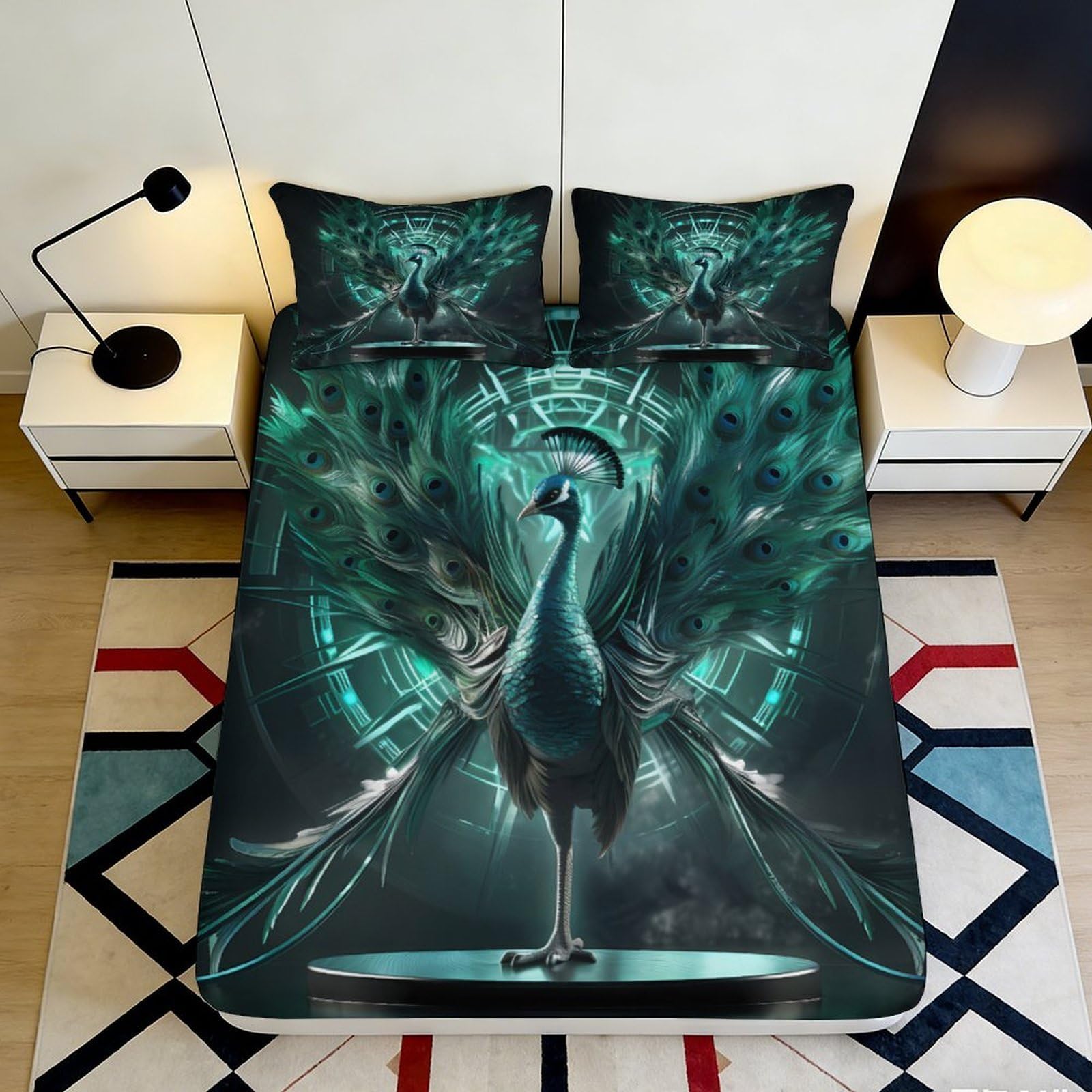 Uxinyoume Style-3 3D Printed Peacock Feather Fitted Sheet Microfiber Soft Black Green Art Mattress Cover For Bedroom Guest Room Decor 90X200x25cm